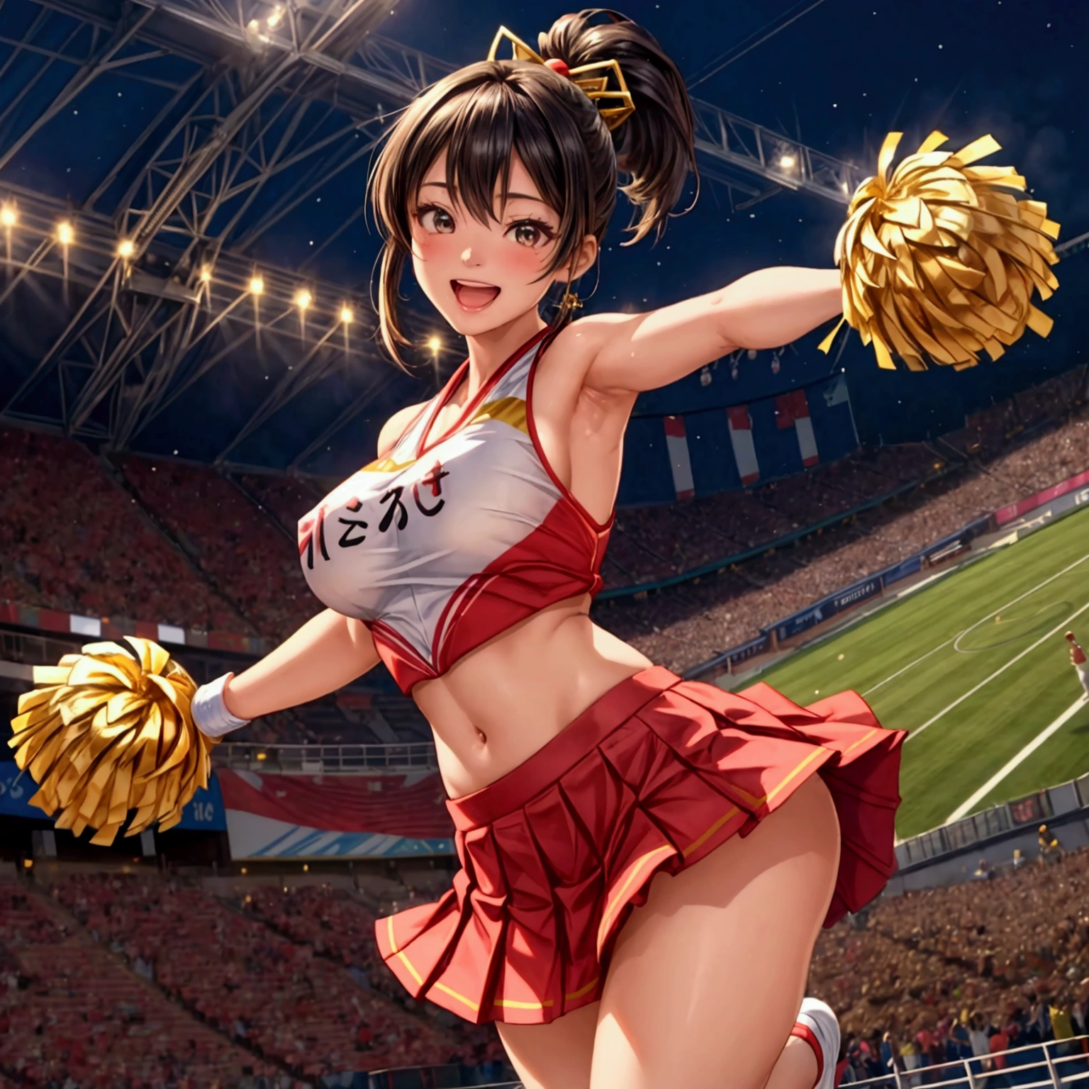 NSFW, sexy, erotic, a cheerful cheerleader standing on one leg, energetically cheering for the Japanese team during the opening ceremony of the Olympic Games. She holds two large golden spheres in her hands, and her outfit features extensive gold accents to symbolize aiming for the gold medal. The cheerleader's outfit includes a pleated skirt and a top with vibrant colors, adorned with a Japanese flag emblem on her chest. Her hair is styled in a playful ponytail. She strikes a lively pose with one leg lifted high, exuding joy and enthusiasm. The background shows a grand stadium filled with an audience, festive lights, and the celebratory atmosphere of the Olympic opening ceremony. The image is highly detailed and realistic with a vibrant anime touch, emphasizing the character's spirited and jubilant expression. The resolution and quality are maximized, with rich, delicate detailing. --sharp focus, --dramatic lighting, --realistic anatomy, --high_quality, --ultra_detail, --intricate_design, --extremely_detailed, -- hyper_realistic, --realistic, --sexy, --erotic --Olympic, --japan