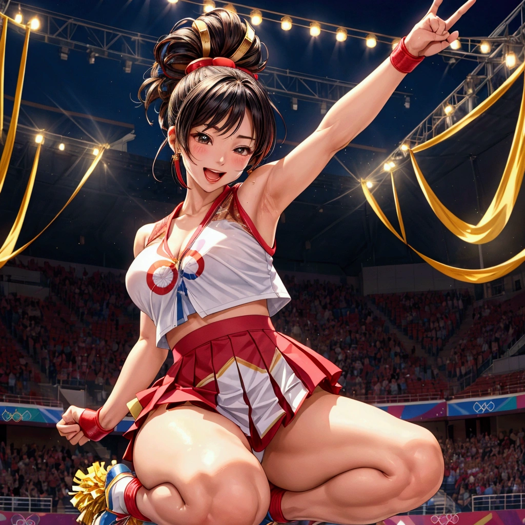 NSFW, sexy, erotic, a cheerful cheerleader standing on one leg, energetically cheering for the Japanese team during the opening ceremony of the Olympic Games. She holds two large golden spheres in her hands, and her outfit features extensive gold accents to symbolize aiming for the gold medal. The cheerleader's outfit includes a pleated skirt and a top with vibrant colors, adorned with a Japanese flag emblem on her chest. Her hair is styled in a playful ponytail. She strikes a lively pose with one leg lifted high, exuding joy and enthusiasm. The background shows a grand stadium filled with an audience, festive lights, and the celebratory atmosphere of the Olympic opening ceremony. The image is highly detailed and realistic with a vibrant anime touch, emphasizing the character's spirited and jubilant expression. The resolution and quality are maximized, with rich, delicate detailing. --sharp focus, --dramatic lighting, --realistic anatomy, --high_quality, --ultra_detail, --intricate_design, --extremely_detailed, -- hyper_realistic, --realistic, --sexy, --erotic --Olympic, --japan
