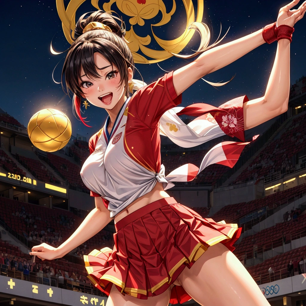 NSFW, sexy, erotic, a cheerful cheerleader standing on one leg, energetically cheering for the Japanese team during the opening ceremony of the Olympic Games. She holds two large golden spheres in her hands, and her outfit features extensive gold accents to symbolize aiming for the gold medal. The cheerleader's outfit includes a pleated skirt and a top with vibrant colors, adorned with a Japanese flag emblem on her chest. Her hair is styled in a playful ponytail. She strikes a lively pose with one leg lifted high, exuding joy and enthusiasm. The background shows a grand stadium filled with an audience, festive lights, and the celebratory atmosphere of the Olympic opening ceremony. The image is highly detailed and realistic with a vibrant anime touch, emphasizing the character's spirited and jubilant expression. The resolution and quality are maximized, with rich, delicate detailing. --sharp focus, --dramatic lighting, --realistic anatomy, --high_quality, --ultra_detail, --intricate_design, --extremely_detailed, -- hyper_realistic, --realistic, --sexy, --erotic --Olympic, --japan