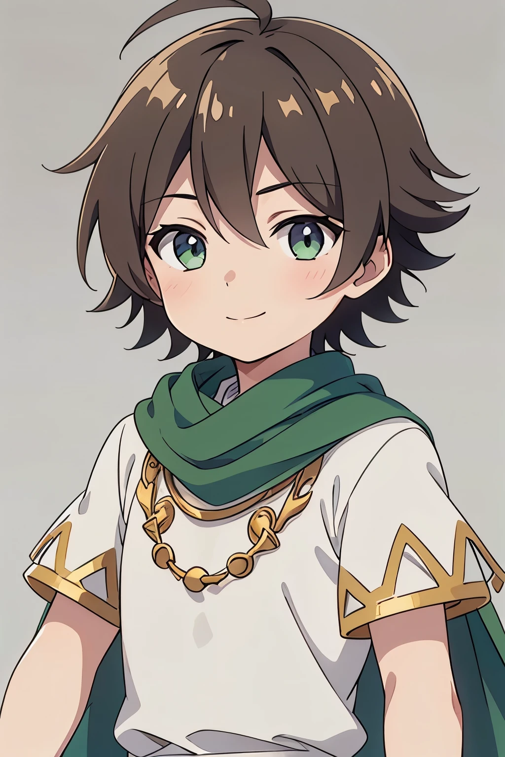 (high-quality, breathtaking),(expressive eyes, perfect face) 1boy, male, solo, , short height, age 5, darkown color hair, green eye color, spiked fluffy hair, wavy hair, short hair length, cute smile, childlike face, white tunic, gold trim, green scarf cape, Symmetrical Eyes, portrait, positive expression, grey background, Olympian god greek clothes, Hades Style clothing,
