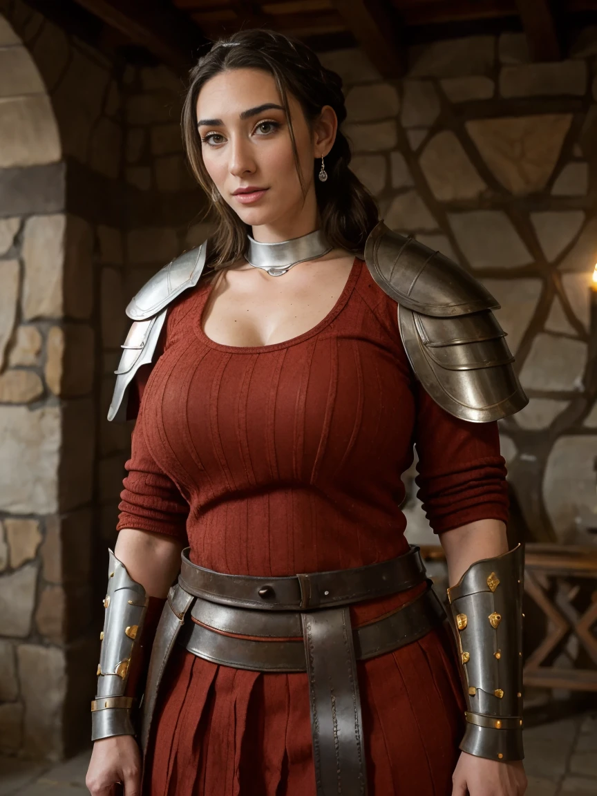 Gorgeous and sultry busty athletic (thin) brunette queen with sharp facial features wearing a modest updo, crown braid, modest ceremonial (plate armor), dark red tunic, dark red hauberk, silver medieval armor, long sleeves, intricate patterns, filigree, gauntlets, pauldrons, breastplate, crown, silver belt, (waist chain), medieval jewelry, Middle Ages, castle, rampart, wall, exterior, on top of a castle wall, trees, countryside, evening, sunset.