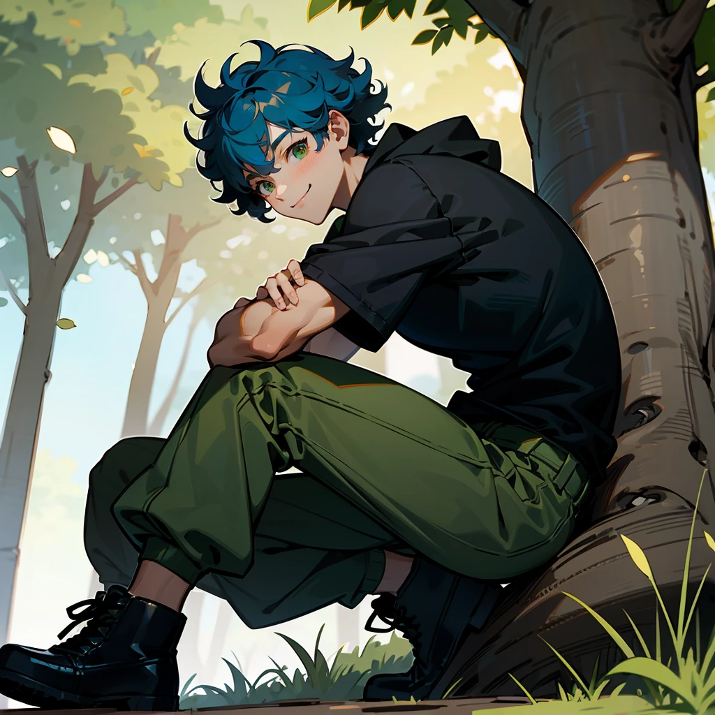 1male, Blue Hair, Black Hoodie, Curly Hair, Green Cargo Pants, Combat Boots, Hazel Eyes, Smiling, Muscular, Regular Ranker, Adult Male, Forest, Leaning against a Tree