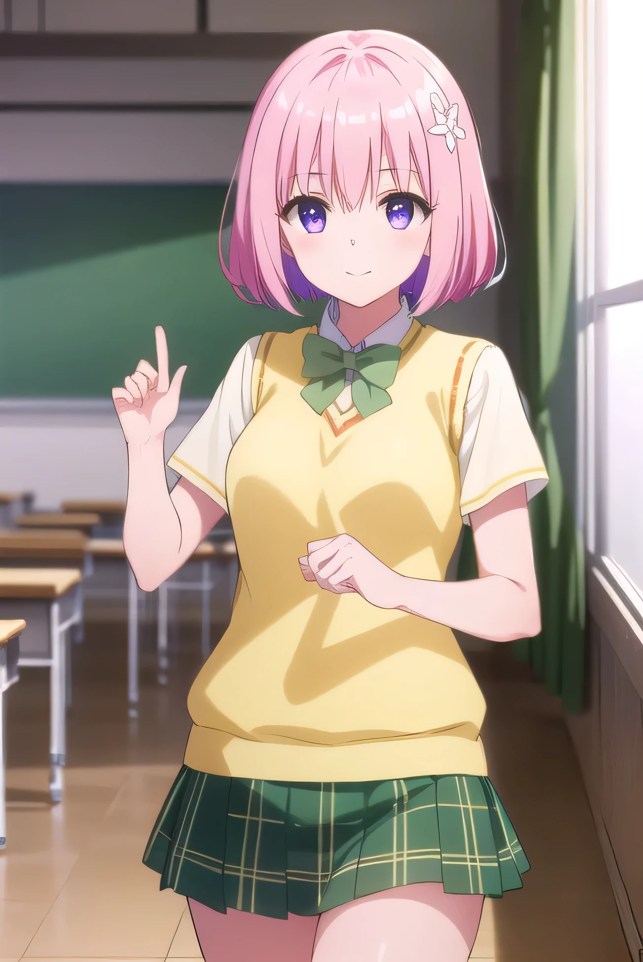 Momo Devil Look, Deviluke type, demon , Hair Flower, hair ornaments, (Purple eyes:1.1), Pink Hair, short hair,  smile, BREAK demon しっぽ, green skirt, Plaid, Plaid skirt, Sainan High , , skirt, Sweater vest, Knee socks, (Yellow Sweater:1.5), Short sleeve, bow, (green bow:1.5), BREAK indoors, classroom, BREAK looking at viewer, (Cowboy Shot:1.5), BREAK (masterpiece:1.2), Highest quality, High resolution, unity 8k wallpaper, (figure:0.8), (beautiful deしっぽed eyes:1.6), extremely deしっぽed face, Perfect lighting, extremely deしっぽed CG, (Perfect hands, Perfect Anatomy),full body figure,