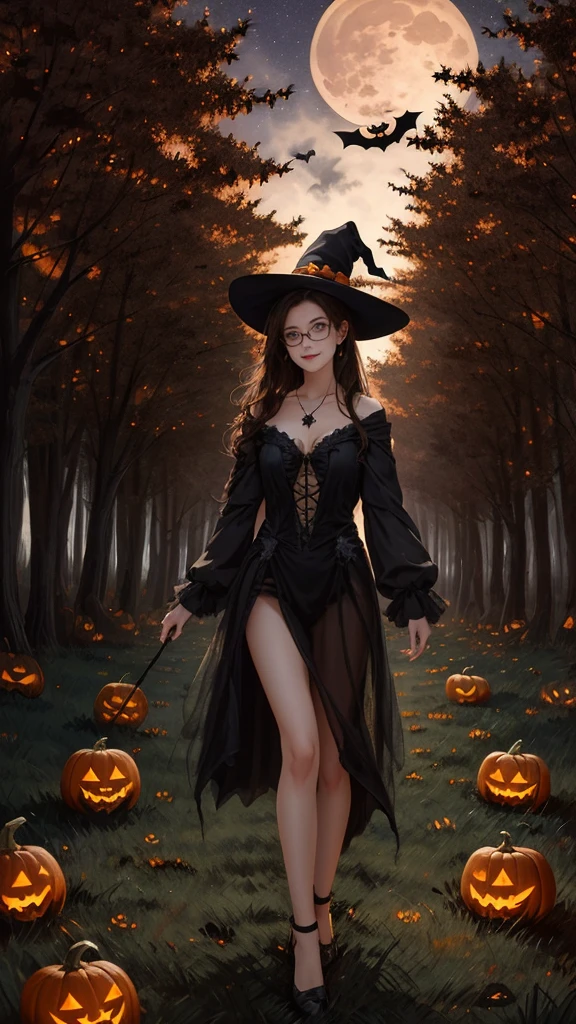 (Halloween Theme: 1.5), BREAK, A beautiful and powerful witch stands in the middle of a mysterious forest filled with sparkling lights of magic circles in the air and mythical tree stumps under the full moon, BREAK, 1girl, magic, magic circle, tree, sky, stars (sky), landscape, solo, outdoors, starry sky, night, grass, moon, (red full moon:1.3), black cat, ghost, jack o'lantern, naked, (wearing glasses:1.3), ( looking at the audience, looking at the audience),