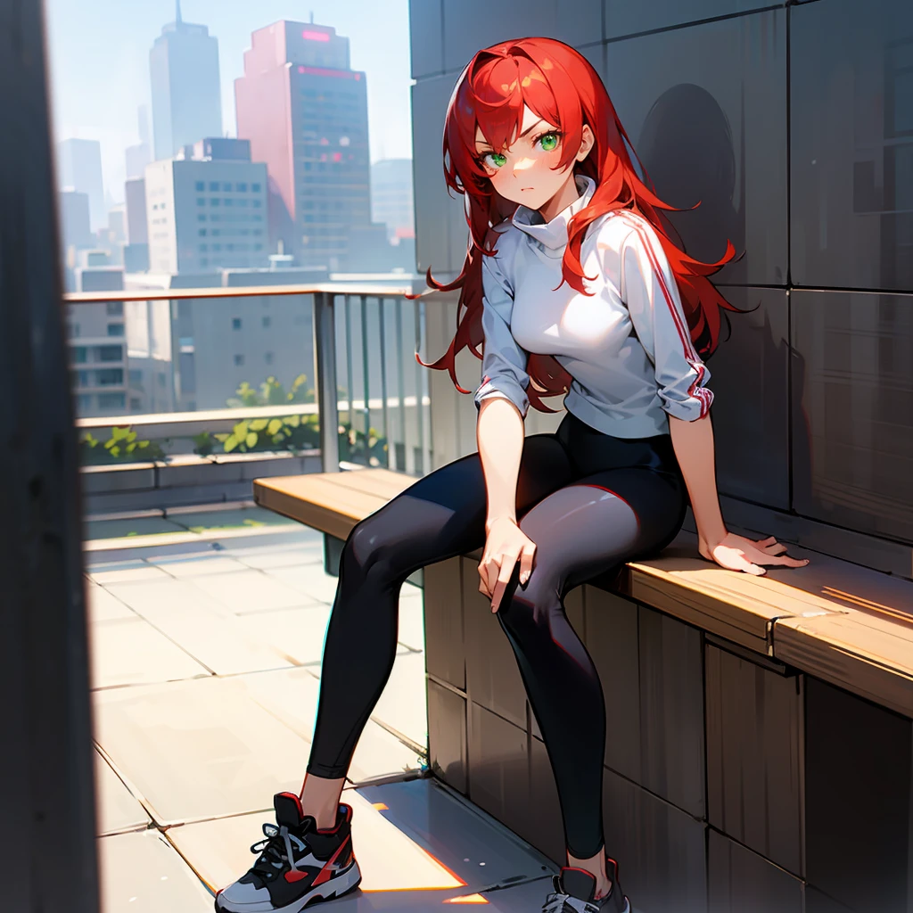 1female, Red Hair, White Turtleneck, Straight Hair, Black Leggings, Sneakers, Green Eyes, Serious Expression, Lean, High Ranker, Adult Female, City, Sitting on a Bench