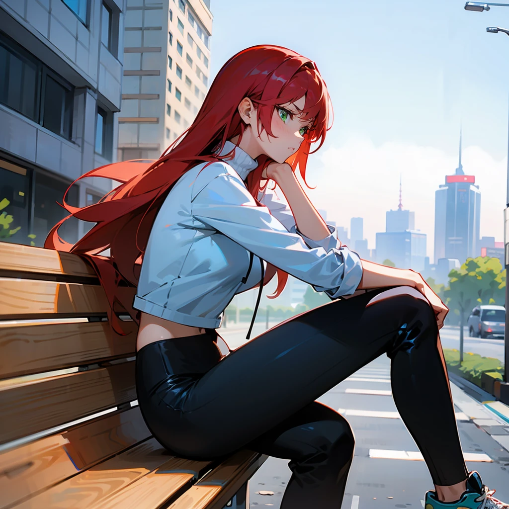 1female, Red Hair, White Turtleneck, Straight Hair, Black Leggings, Sneakers, Green Eyes, Serious Expression, Lean, High Ranker, Adult Female, City, Sitting on a Bench