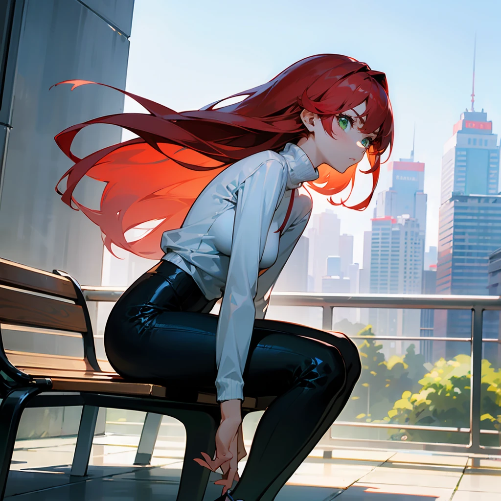 1female, Red Hair, White Turtleneck, Straight Hair, Black Leggings, Sneakers, Green Eyes, Serious Expression, Lean, High Ranker, Adult Female, City, Sitting on a Bench