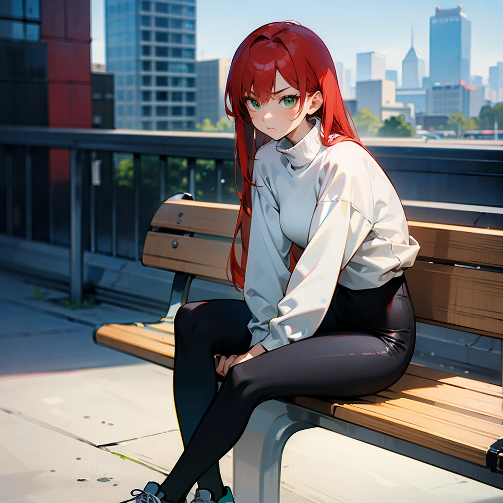 1female, Red Hair, White Turtleneck, Straight Hair, Black Leggings, Sneakers, Green Eyes, Serious Expression, Lean, High Ranker, Adult Female, City, Sitting on a Bench