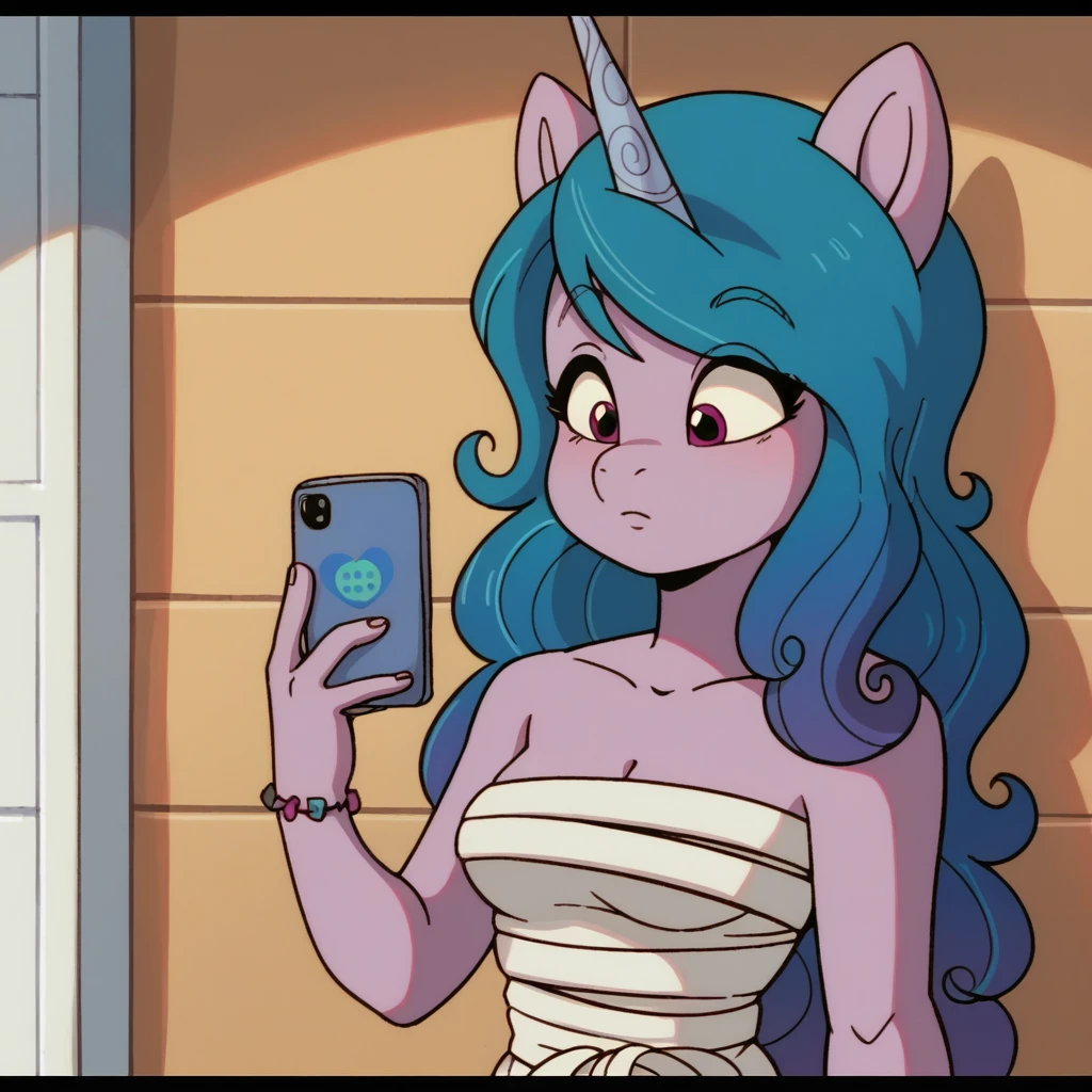 score_9_presence, score_8_up, Izzy Moonbow, mlp, G5, wrapped in towel, medium breasts, holding phone