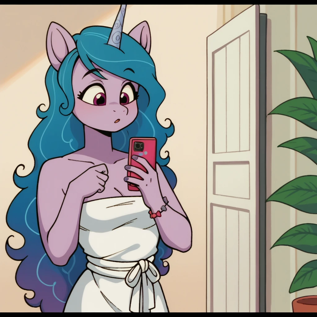 score_9_presence, score_8_up, Izzy Moonbow, mlp, G5, wrapped in towel, medium breasts, holding phone