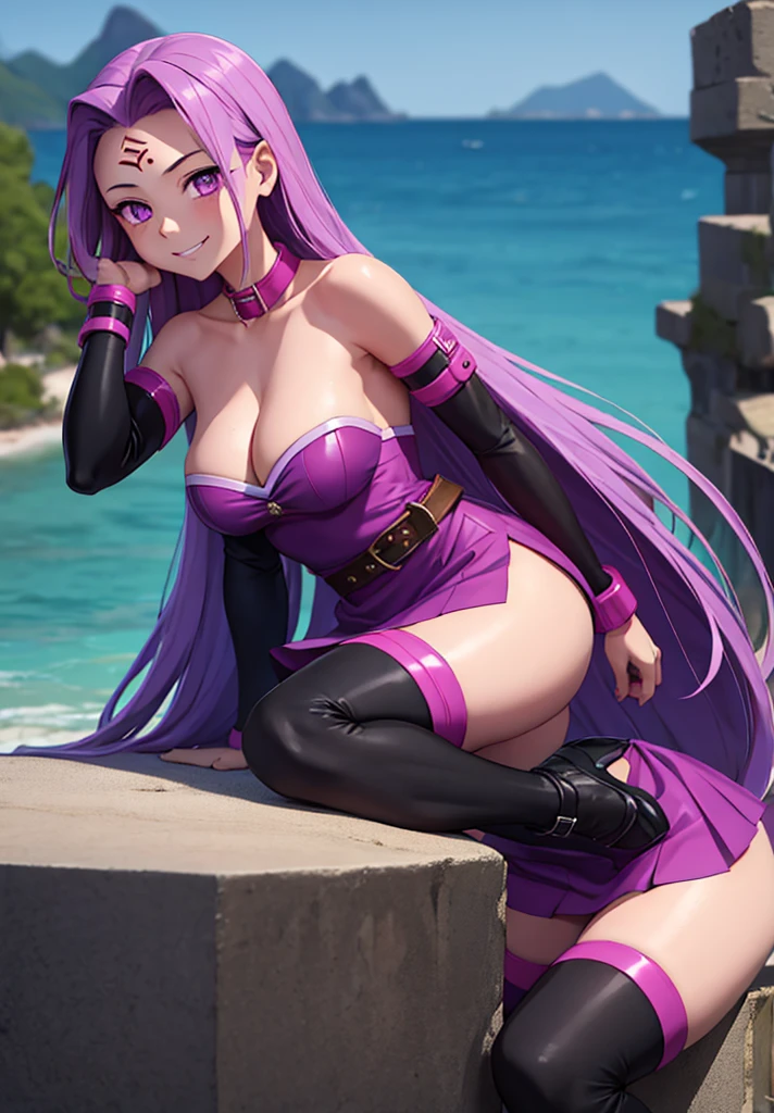 1girl, purple hair, absurdly long hair, forehead mark, purple eyes, animal collar, short dress, skirt, detached sleeves, arm belt, bracelet, thighhighs, sitting, from side, looking at viewer, smile, teeth, outdoors, ruins  score_9, score_8_up, score_7_up, score_6_up, score_5_up, score_4_up, (m-da s-tarou:0), masterpiece