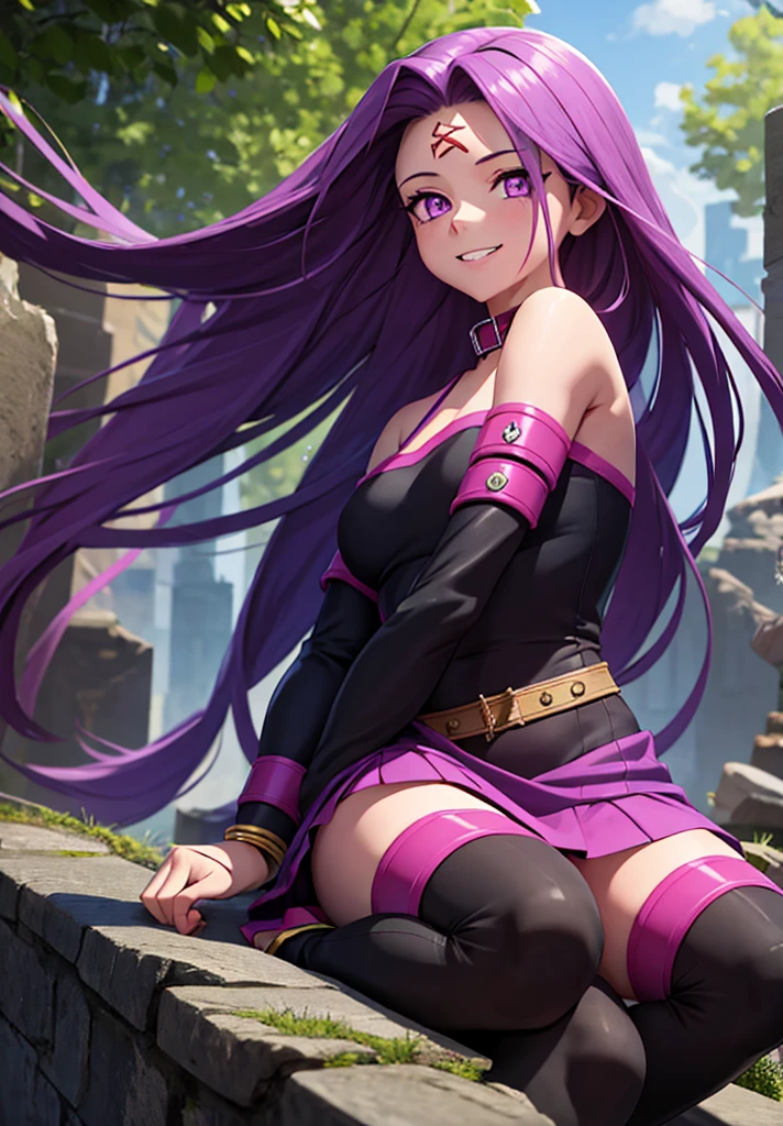 1girl, purple hair, absurdly long hair, forehead mark, purple eyes, animal collar, short dress, skirt, detached sleeves, arm belt, bracelet, thighhighs, sitting, from side, looking at viewer, smile, teeth, outdoors, ruins  score_9, score_8_up, score_7_up, score_6_up, score_5_up, score_4_up, (m-da s-tarou:0), masterpiece