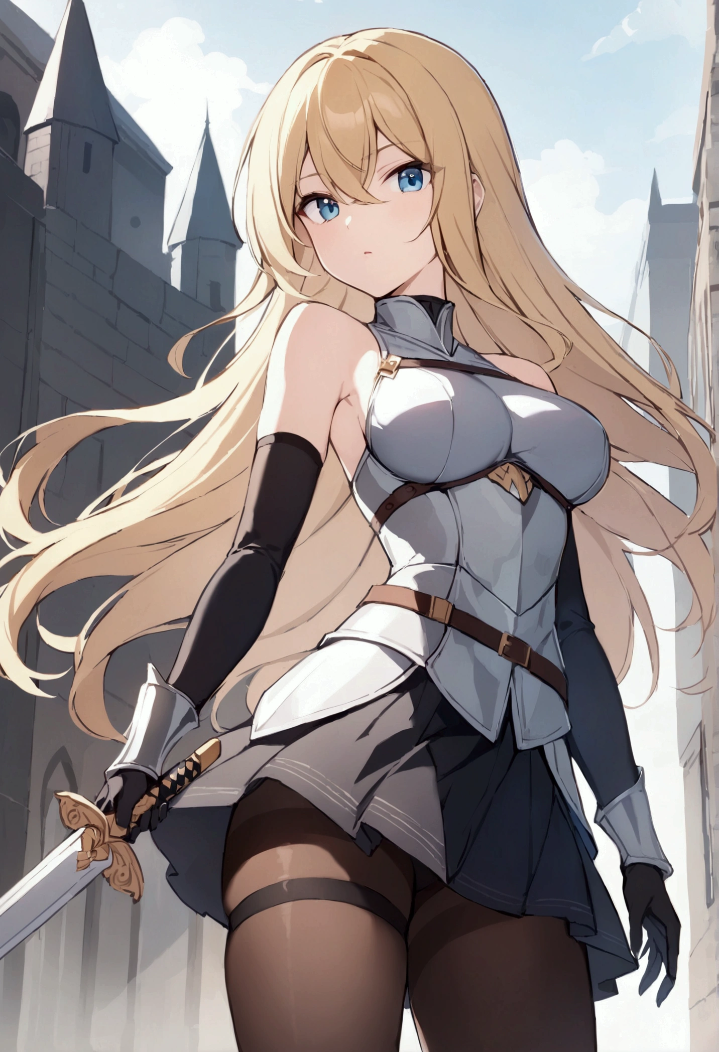 slender, mature female,1girl, rating:safe, blue_eyes, weapon, blonde_hair, breasts, solo, holding, sword, looking_at_viewer, bare_shoulders, outdoors, gloves, holding_weapon, bangs, short_hair, medium_breasts, pantyhose, thighband_pantyhose, elbow_gloves, standing, dress, closed_mouth, holding_sword, sleeveless, black_legwear, belt, eyebrows_visible_through_hair, sheath, large_breasts, black_gloves, sleeveless_dress, cowboy_shot, blurry, armor, parted_lips, brown_legwear, sidelocks, dress, floating_hair, hair_between_eyes, knight, back, thighs, thigh_strap, miniskirt, skirt, long_hair, vambraces