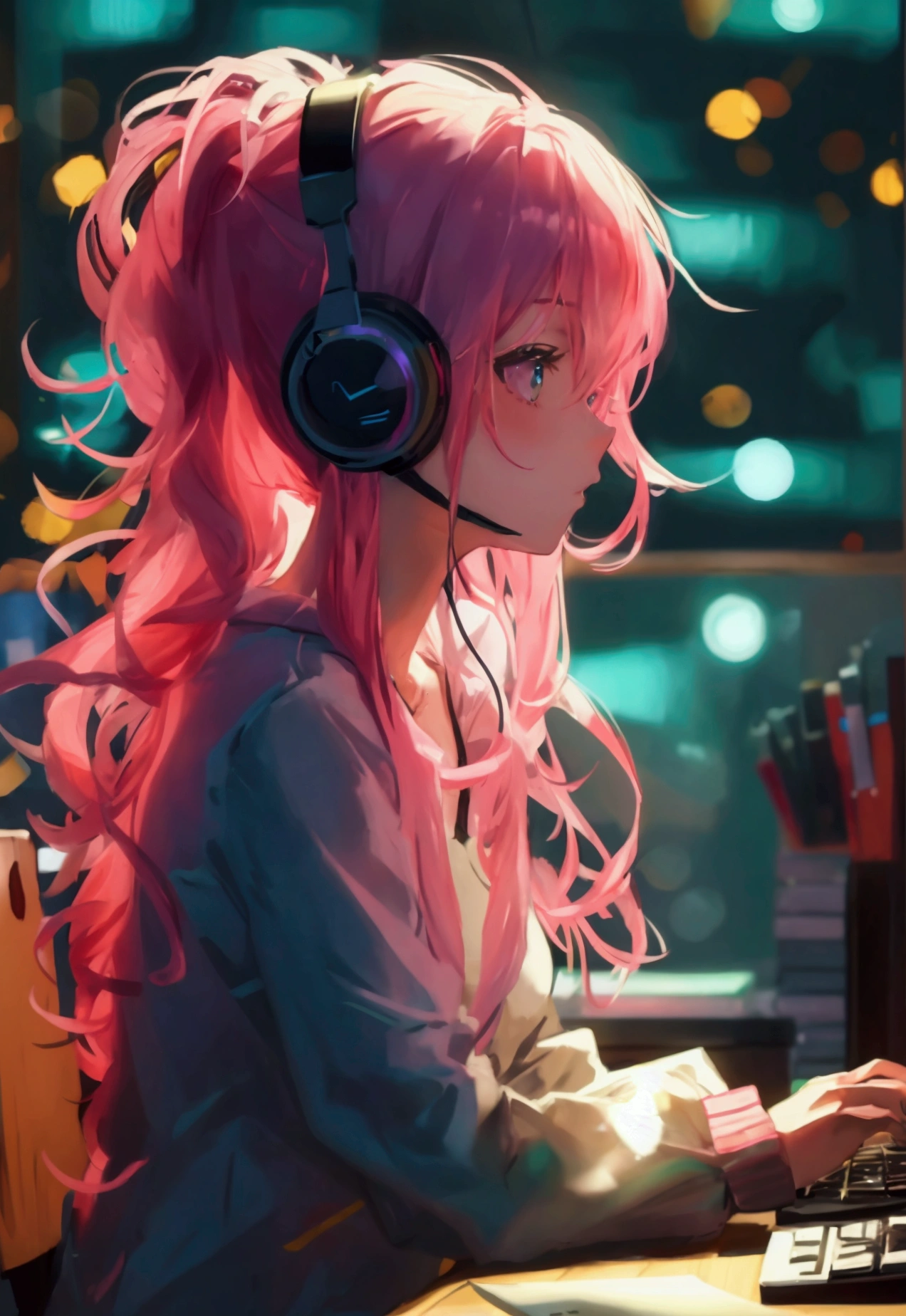 a young woman with pink hair sitting at her computer desk
