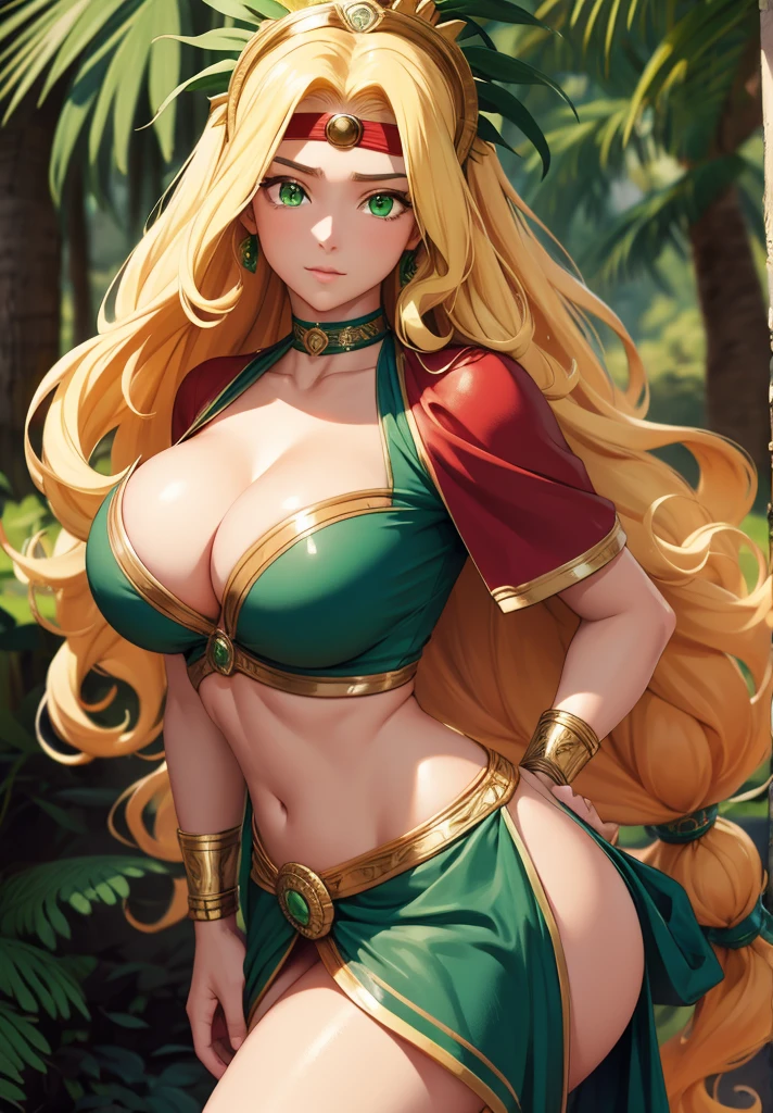 quetzalcoatl, quetzalcoatl, long hair, sidelocks, yellow hair, (green eyes:1.5), wavy hair, (large breast:1.2),
BREAK aztec, bracelet, choker, headband, headdress, jewelry, midriff, navel, short sleeves, wristlet,
BREAK looking at viewer,
BREAK outdoors,
BREAK (masterpiece:1.2), best quality, high resolution, unity 8k wallpaper, (illustration:0.8), (beautiful detailed eyes:1.6), extremely detailed face, perfect lighting, extremely detailed CG, (perfect hands, perfect anatomy),