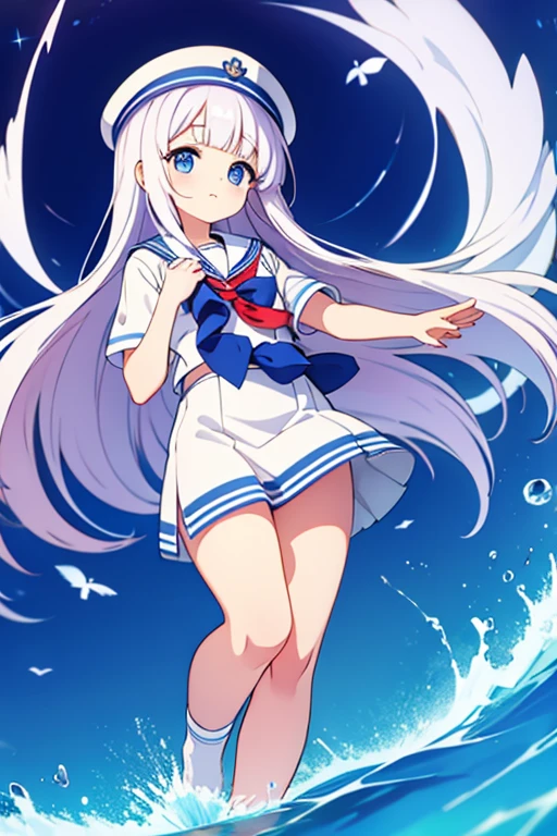 White long hair、Sailor's white uniform、A hat with gold decoration