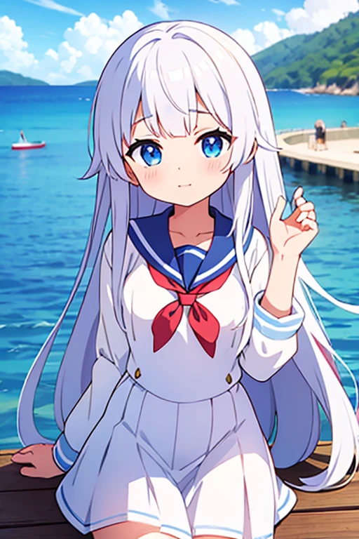 White long hair、Sailor&#39;s white uniform、A hat with gold decoration