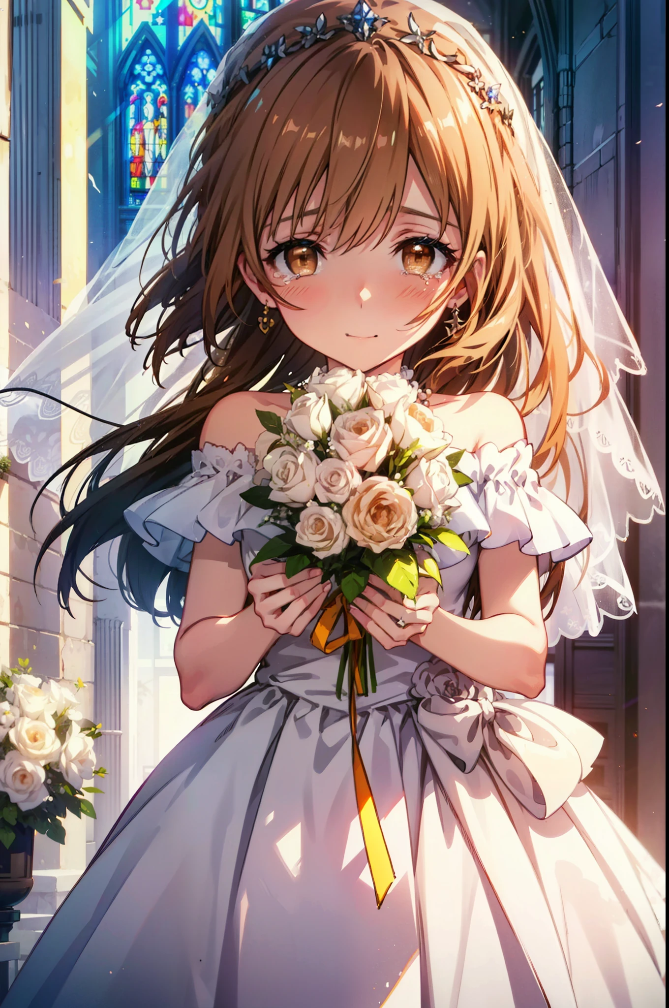 a sun ayuuki, a sun a yuuki, Long Hair, Brown Hair, (Brown eyes:1.8),smile,blush,Off-the-shoulder wedding dresses,necklace,wedding long skirt,Holding a bouquet in both hands,Clear skies,Tears stream down her face,Tears of joy,I cry a lot,Flower storm,whole bodyがイラストに入るように,background(Stained glass)
break indoors, Chapel,教会
break looking at viewer, whole body,(Cowboy Shot:1.5),
break (masterpiece:1.2), Highest quality, High resolution, unity 8k wallpaper, (figure:0.8), (Beautiful attention to detail:1.6), Highly detailed face, Perfect lighting, Highly detailed CG, (Perfect hands, Perfect Anatomy),