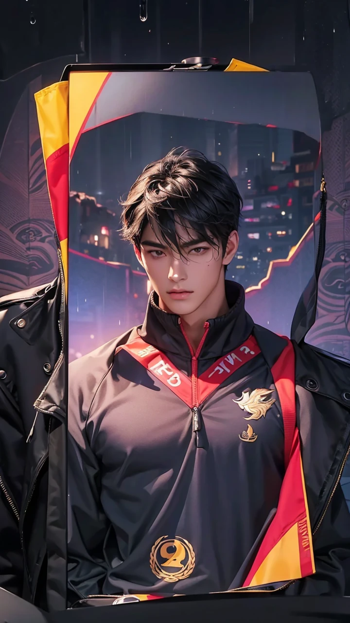 ((High quality)), ((masterpiece)), ((highly detailed)), perfect face, realistic, ((man)), ((Asian)), full body, young, 20 years old, black hair, comma hair style, ((handsome)), detailed eyes, beautiful detailed nose, realistic body, realistic light, comfortable exprssions, cute guy, sweat guy, cool guy, young, muscular body, abs body, sport clothes, sexy, rainy