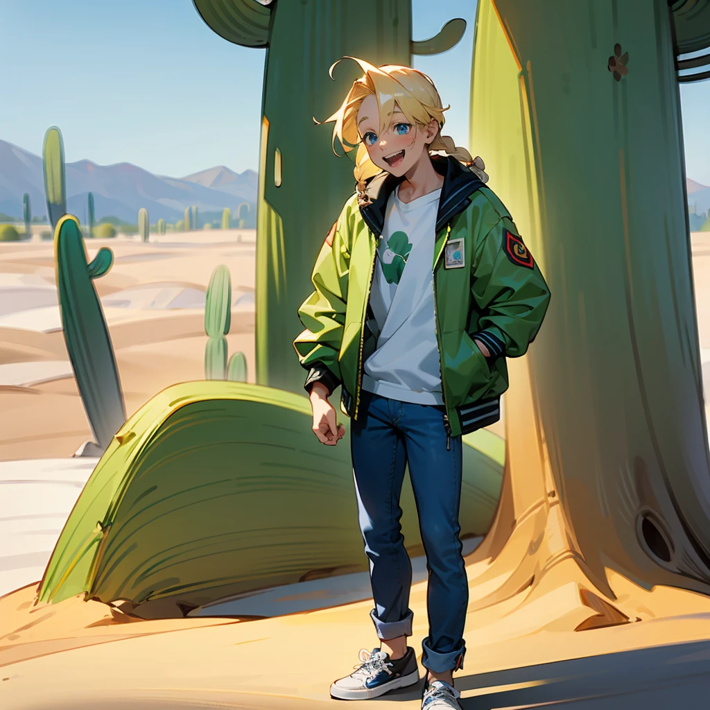 1male, Blonde Hair, Green Bomber Jacket, Braided Hair, Blue Jeans, Casual Shoes, Blue Eyes, Laughing, Tall, Fisherman, Young Male, Desert, Standing by a Cactus