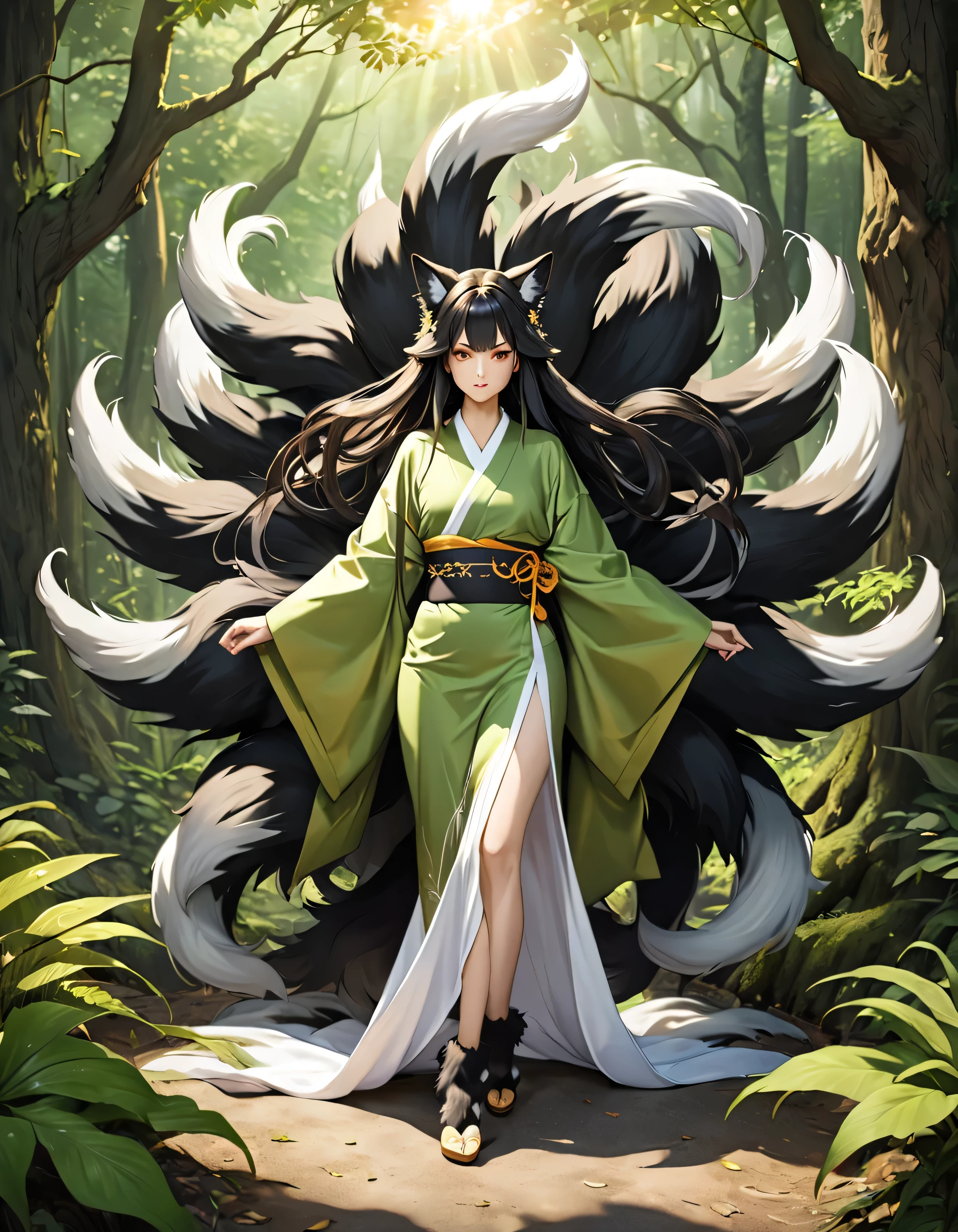 ((full body shot at distance)) , (((1girl))), (realistic fox-girl with black hair and nine tails) , (nine tails with black fur:2.0 ) , (image centered on subject with her tails spread behind her:1.5) , (anatomical perfect), (beautiful human face, high cheekbones, green eyes  fox ears) , (very detailed green  and gold ankle length kimono with a loose fit:1.5 ) , inspired by Sugimura Jihei, delicate and fine, (tentacles:fox tails:0.5), white form, inspired by Sōami, jormungand, mystical creatures, realistic, ultra detailed, dynamic pose, sunrise lighting, detailed forest background