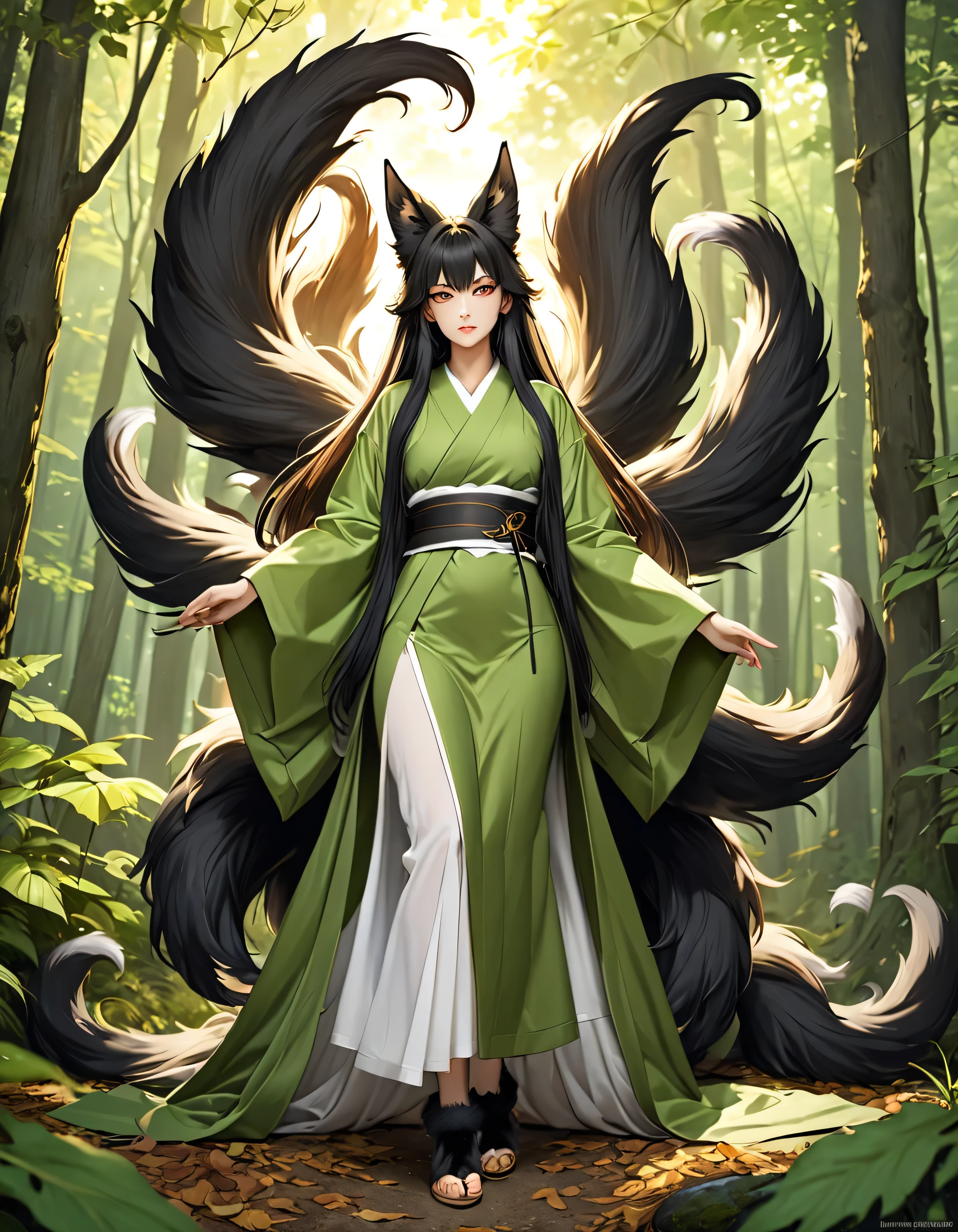 ((full body shot at distance)) , (((1girl))), (realistic fox-girl with black hair and nine tails) , (nine tails with black fur:2.0 ) , (image centered on subject with her tails spread behind her:1.5) , (anatomical perfect), (beautiful human face, high cheekbones, green eyes  fox ears) , (very detailed green  and gold ankle length kimono with a loose fit:1.5 ) , inspired by Sugimura Jihei, delicate and fine, (tentacles:fox tails:0.5), white form, inspired by Sōami, jormungand, mystical creatures, realistic, ultra detailed, dynamic pose, sunrise lighting, detailed forest background
