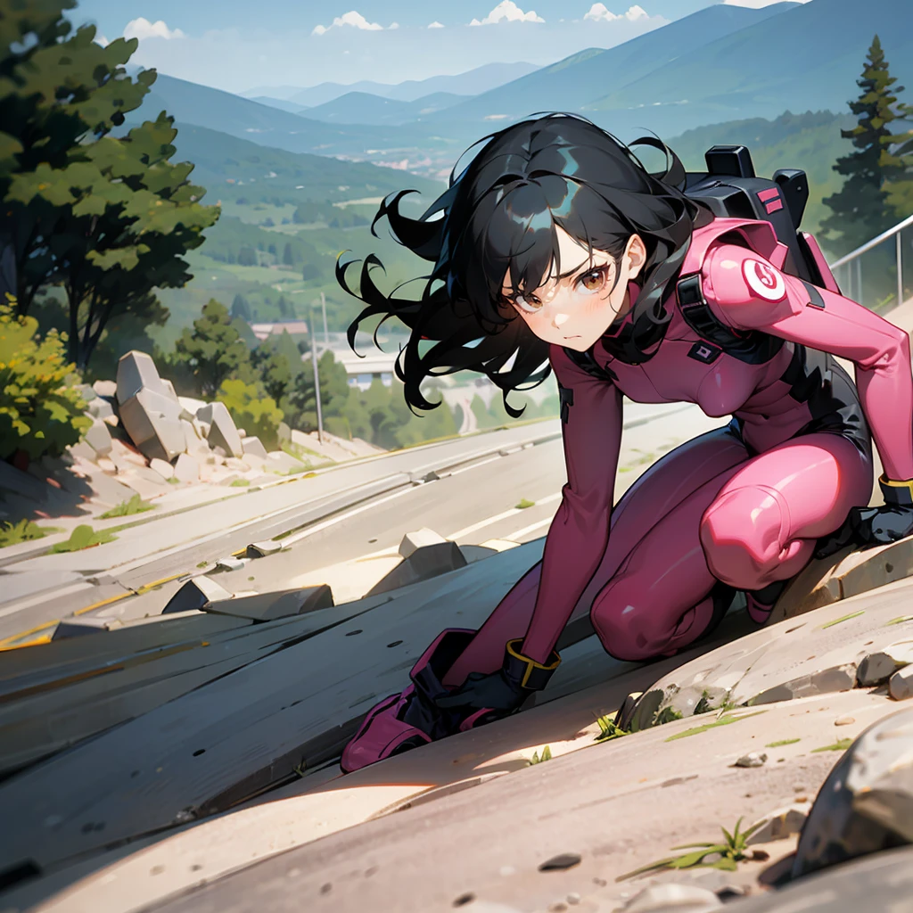 1female, Black Hair, Pink Combat Suit, Wavy Hair, Red Gloves, Combat Boots, Brown Eyes, Focused Expression, Slender, Irregular, Adult Female, Mountain, Climbing a Slope