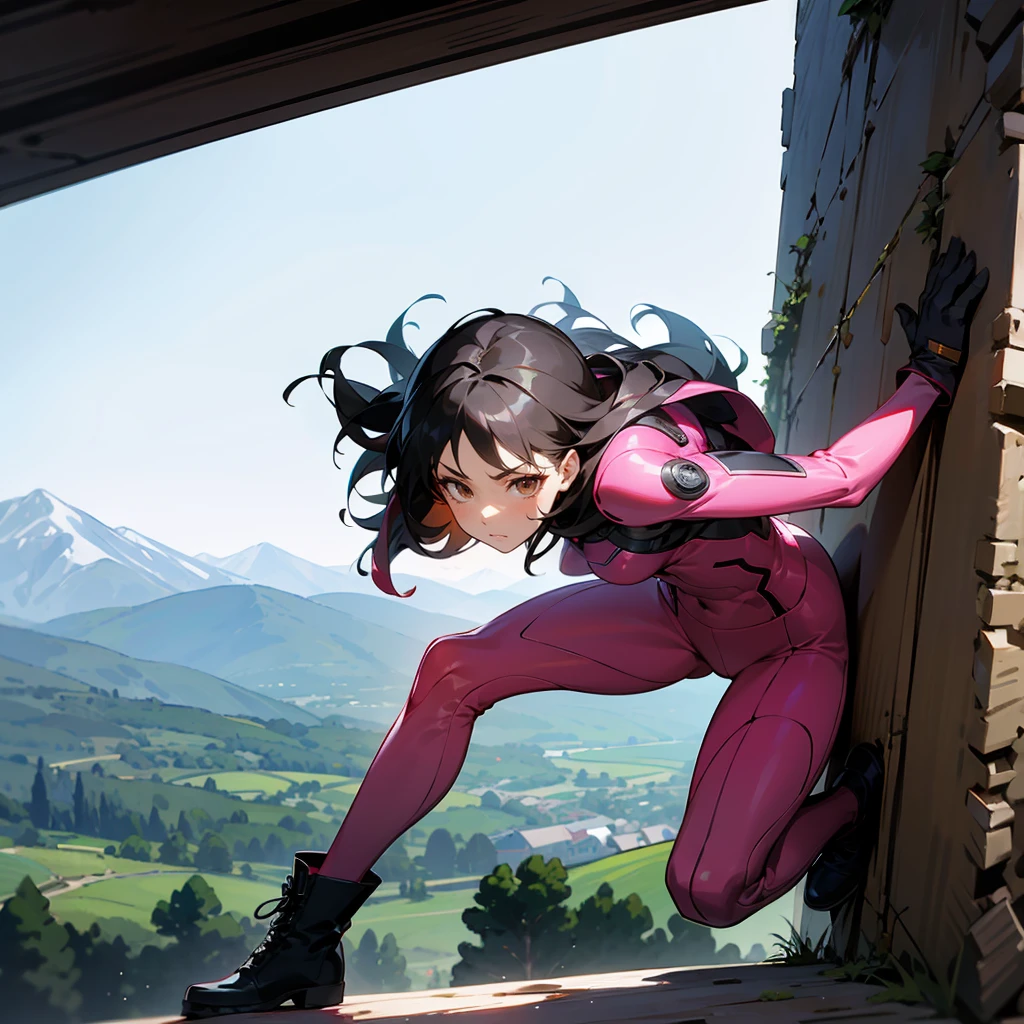 1female, Black Hair, Pink Combat Suit, Wavy Hair, Red Gloves, Combat Boots, Brown Eyes, Focused Expression, Slender, Irregular, Adult Female, Mountain, Climbing a Slope