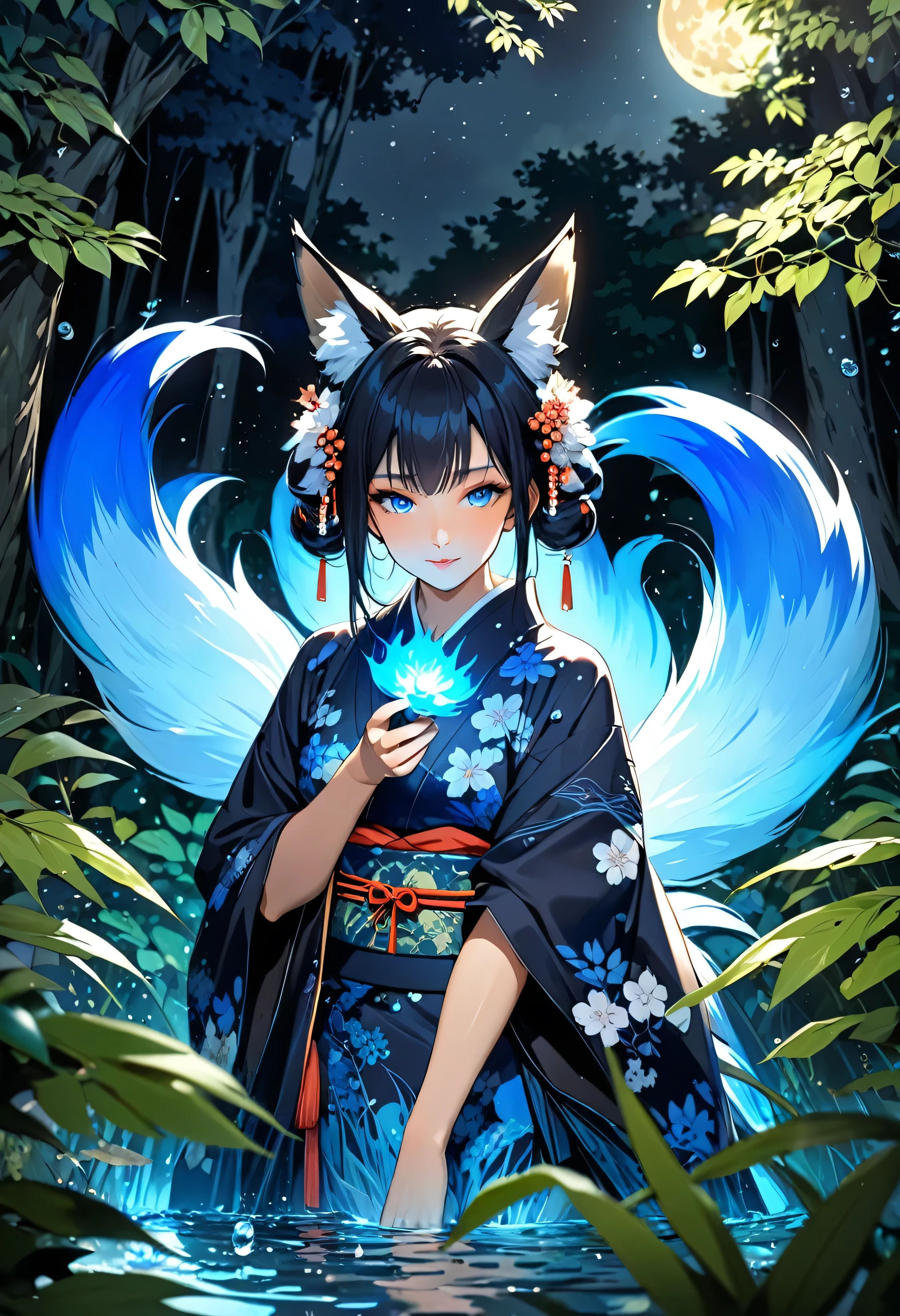 Masterpiece, Extremely detailed, beautiful, perfect face e, close distance shot, (A beautiful kitsune woman peering through the leaves in a dense forest) , {she is surrounded by motes of blue fire}, facing viewer, (dynamic pose) , fox ears, nine fox tails, traditional Japanese clothing. Japanese sandels, ((vegetation in the forground, water droplets on leaves, subject partially obscured by vegetation)) , ((moonlit night))