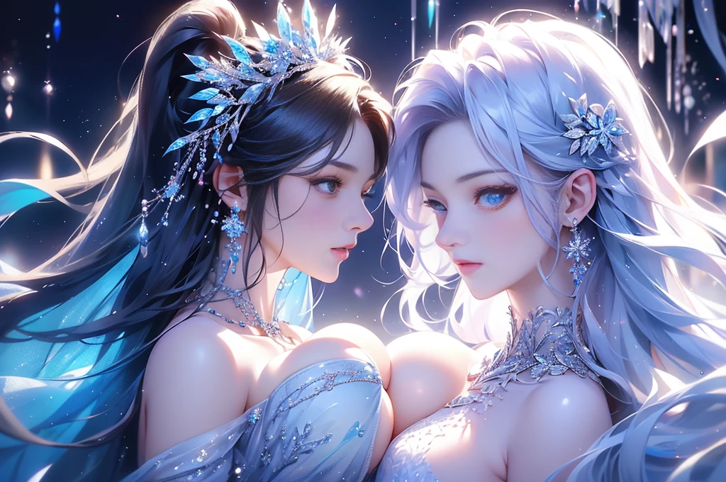Na people,Beautiful cleavage木材, Exquisite mini ice spikes and crystals, Frozen waterfall in the background, Light reflected by ice crystals, Flowing snowflakes.1 girl, Beautiful woman、pretty girl,現実的Na people,Beautiful cleavage,Dramatic composition