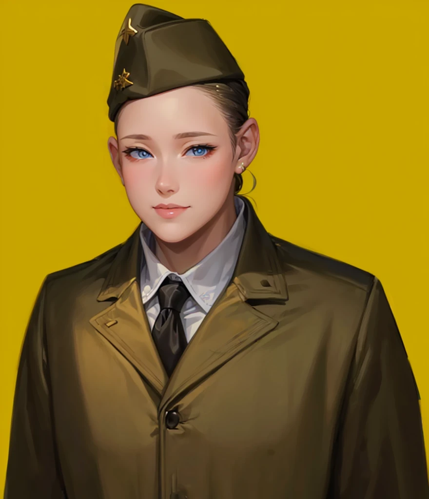 Female, (girls:1.5), (exceptional, best aesthetic, new, newest, best quality, anime, waifu:1.2), best quality, ultra detailed, absurdres, highres, colored, good anatomy, normal eyes, centered eyes, no cockeyed, no cross-eyes black hair, pretty smiling kind face, blonde hair, blue eyes, olive color soft hat, olive color coat, inside white shirt, black tie,