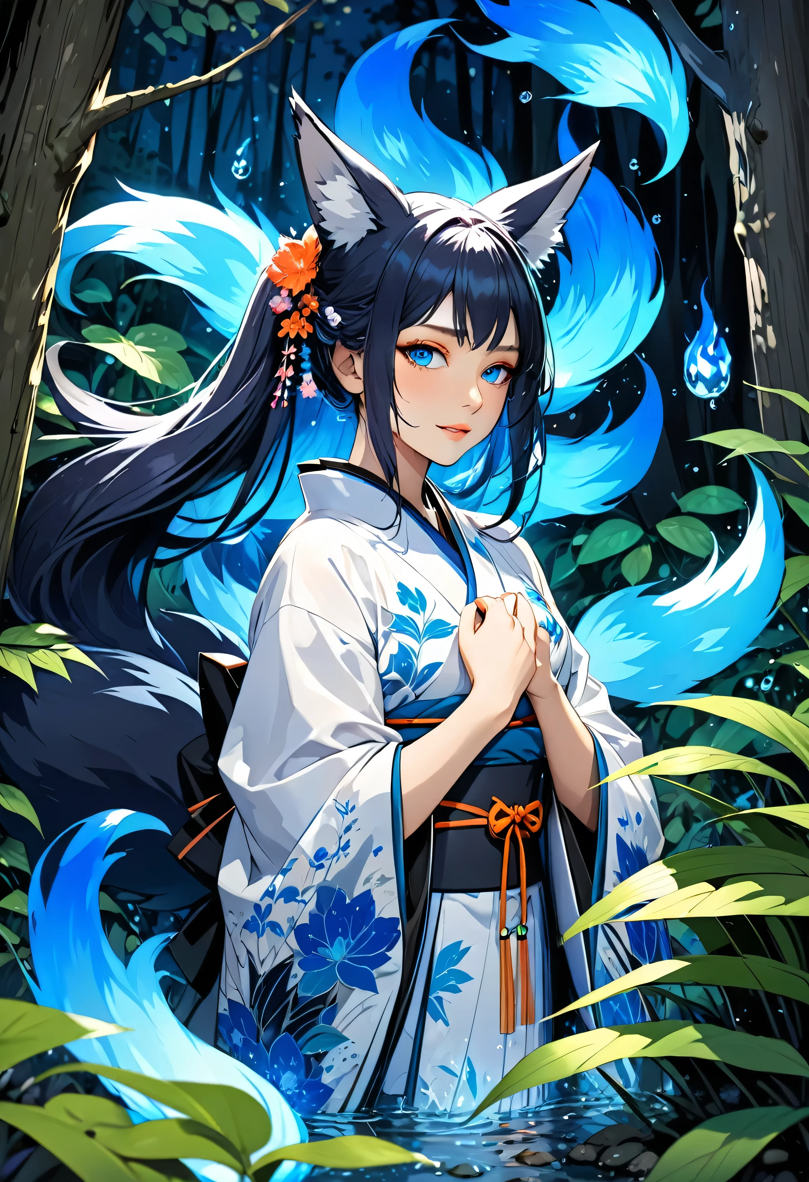 Masterpiece, Extremely detailed, beautiful, perfect face e, close distance shot, (A beautiful kitsune woman peering through the leaves in a dense forest) , {she is surrounded by motes of blue fire}, facing viewer, (dynamic pose) , fox ears, nine fox tails, traditional Japanese clothing. Japanese sandels, ((vegetation in the forground, water droplets on leaves, subject partially obscured by vegetation)) , ((moonlit night))