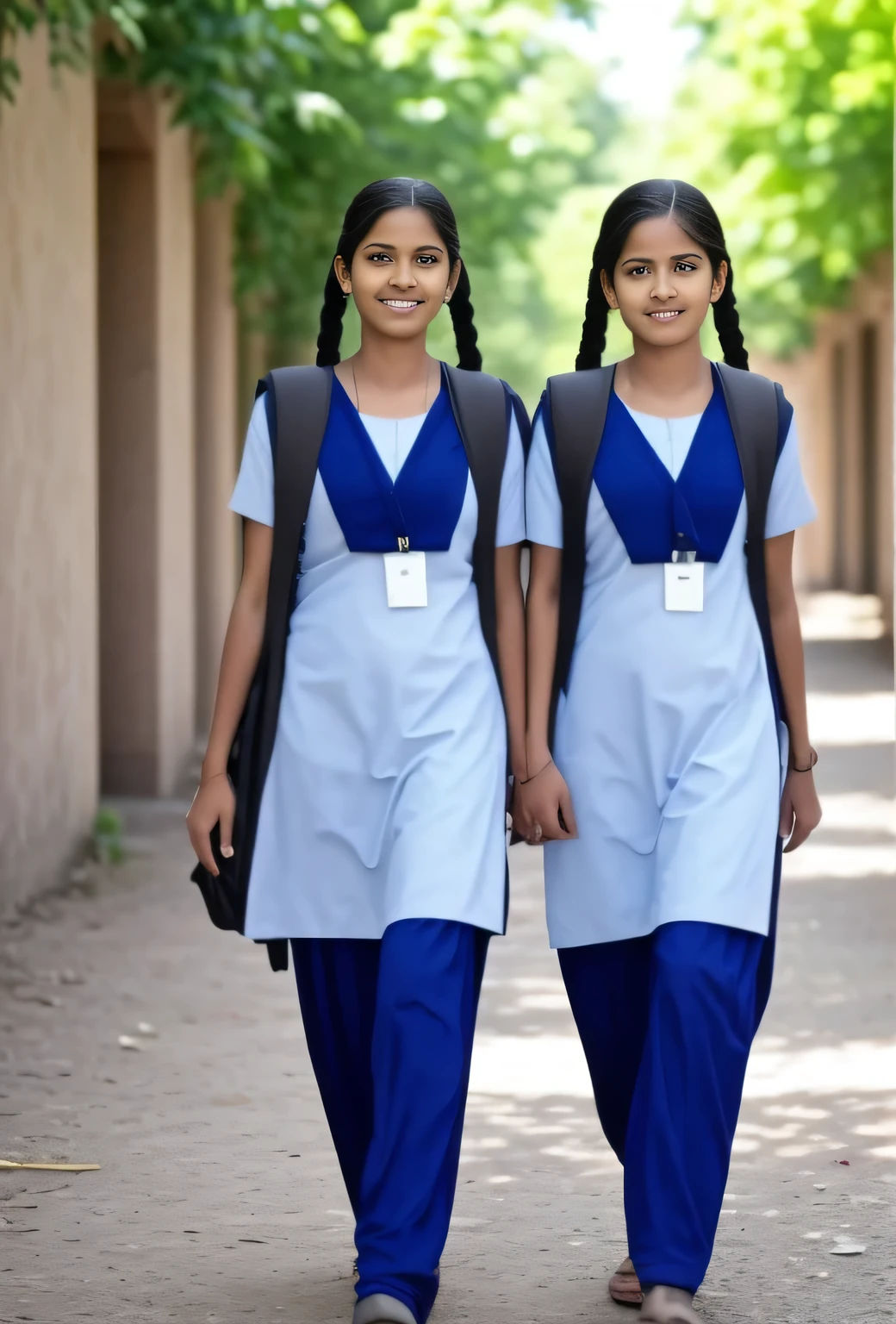 Raw photo, two beautiful indian schoolgirls, with plaited hair, both coming towards the camera in a school walkway in a joyful happy mood, wearing salwar kameez uniform, with school backpacks, professional photographer, (hdr:1.4), masterpiece, ultra-realistic 8k, perfect artwork, intricate details, cute face, award winning photograph, (Best quality, 8k, 32k, Masterpiece, UHD:1.3)
