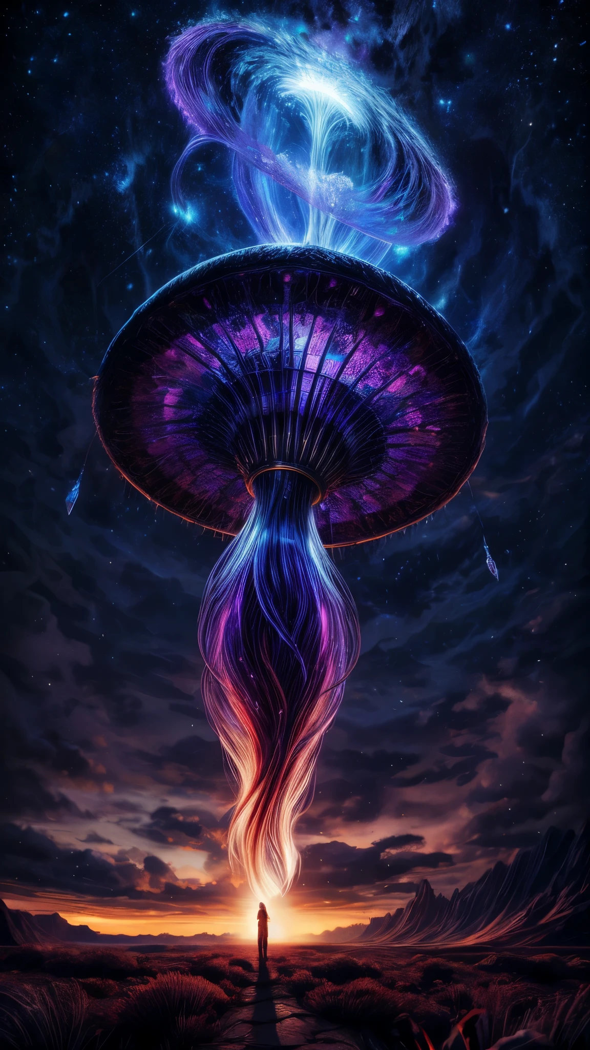 A gigantic multi-colored crystal jellyfish, fantastic jellyfish floating in a starry night sky, beautiful fantasy landscape backdrop, bottom view angle, dynamic pose, (best quality,4k,8k,highres,masterpiece:1.2),ultra-detailed,(realistic,photorealistic,photo-realistic:1.37),HDR,UHD,studio lighting,ultra-fine painting,sharp focus,physically-based rendering,extreme detail description,professional,vivid colors,bokeh,fantasy,surreal,cinematic,dramatic lighting