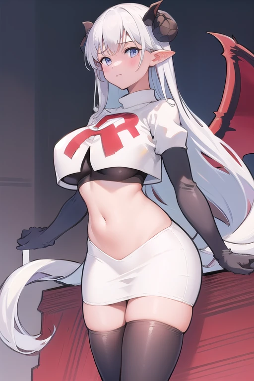 1girl,large breasts,albionsuccubus,bat wings,
team rocket,team rocket uniform,white skirt,red letter R,crop top,black thigh-highs,black elbow gloves