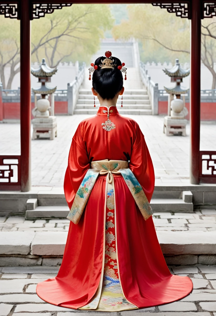 A person seen from behind. In the Chinese imperial court of the Qing dynasty, a 30-year-old empress is wearing a red Hanfu, with her clothes rolled up from the bottom, thrusting her big buttocks, exposing her bare buttocks, looking at her large breasts, looking at her profile, standing and sitting, her hair is wearing the crown of a Chinese empress, she is wearing a gorgeous crown of a Chinese empress, her hair is tied up and pulled up, she is a perverted and erotic woman, the background is the stone pavement outside the Chinese palace of the Qing dynasty
