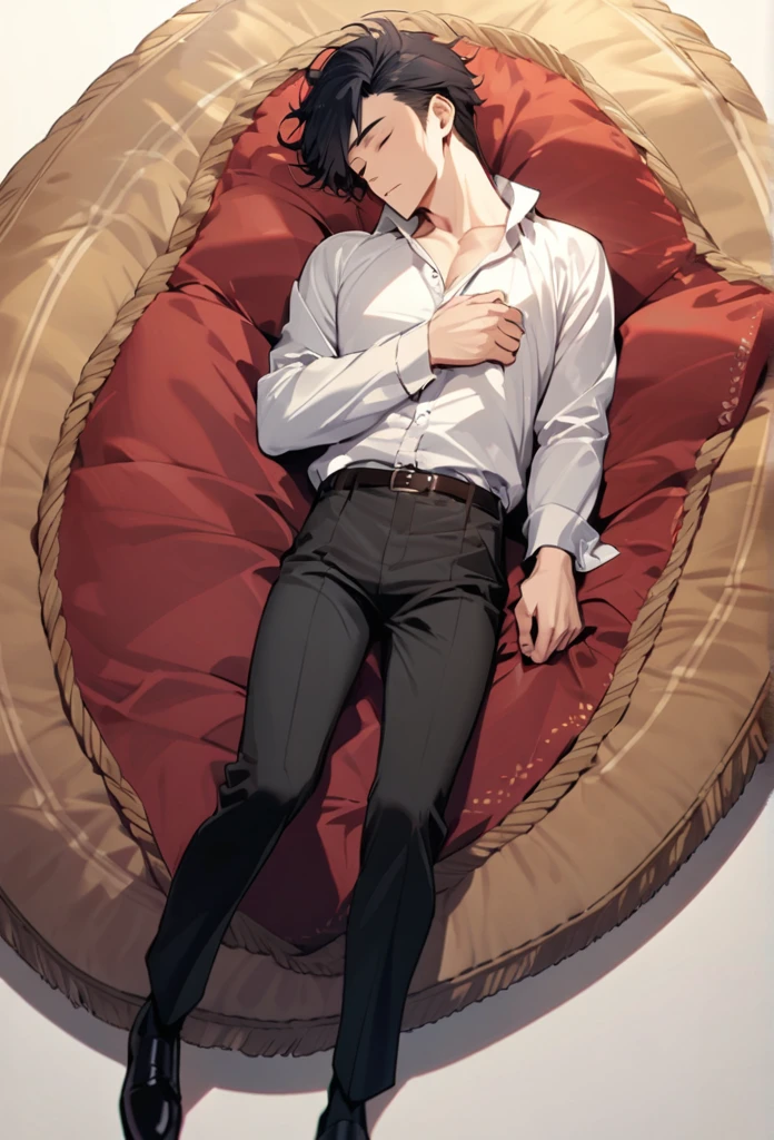 man, handsome, sleeping, lying, black hair, full body
