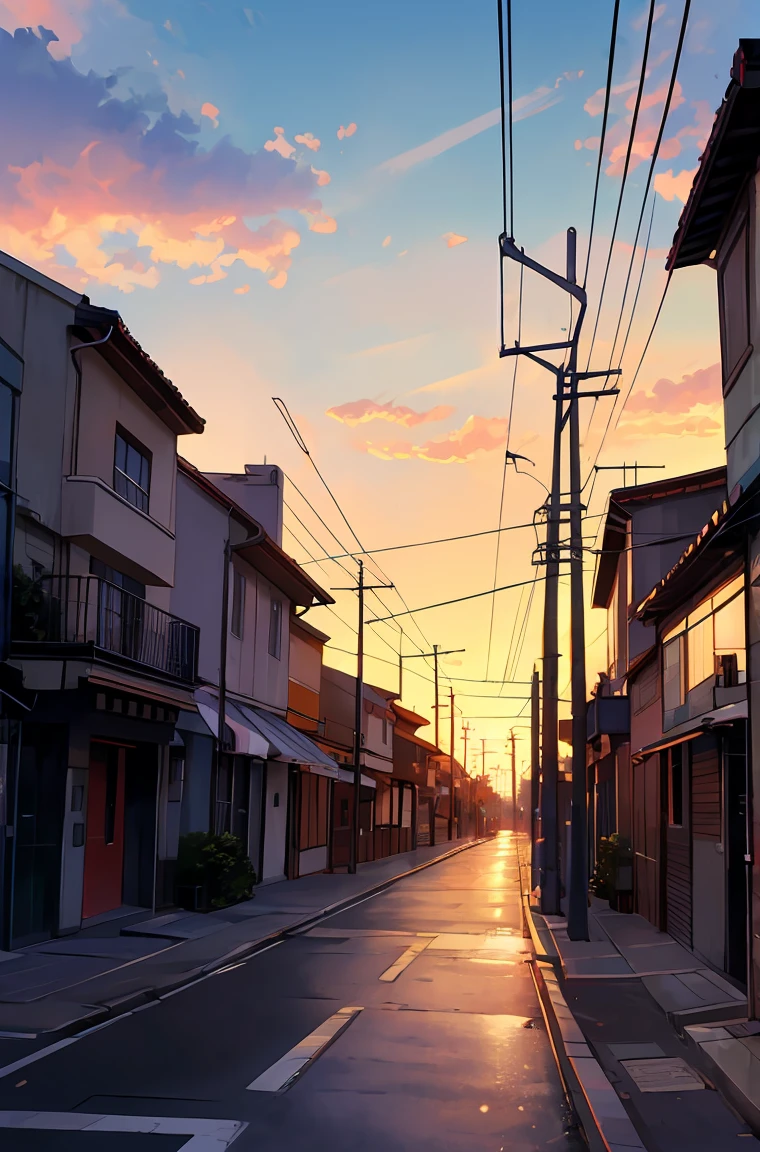 masterpiece, Concept Art, Painting of (Electric pole:1.5) On the street at dusk, Painting, Sylvain Sarail, anime高果糖, telephone wires, GTA Art, Cloudy sunset, beautiful iwakura, Toon Aesthetics, colorful house, Connection line, animeのスクリーンショット, art ", Muffled colors, only, 2077, " anime, it's raining、dark、Puddle on the road、