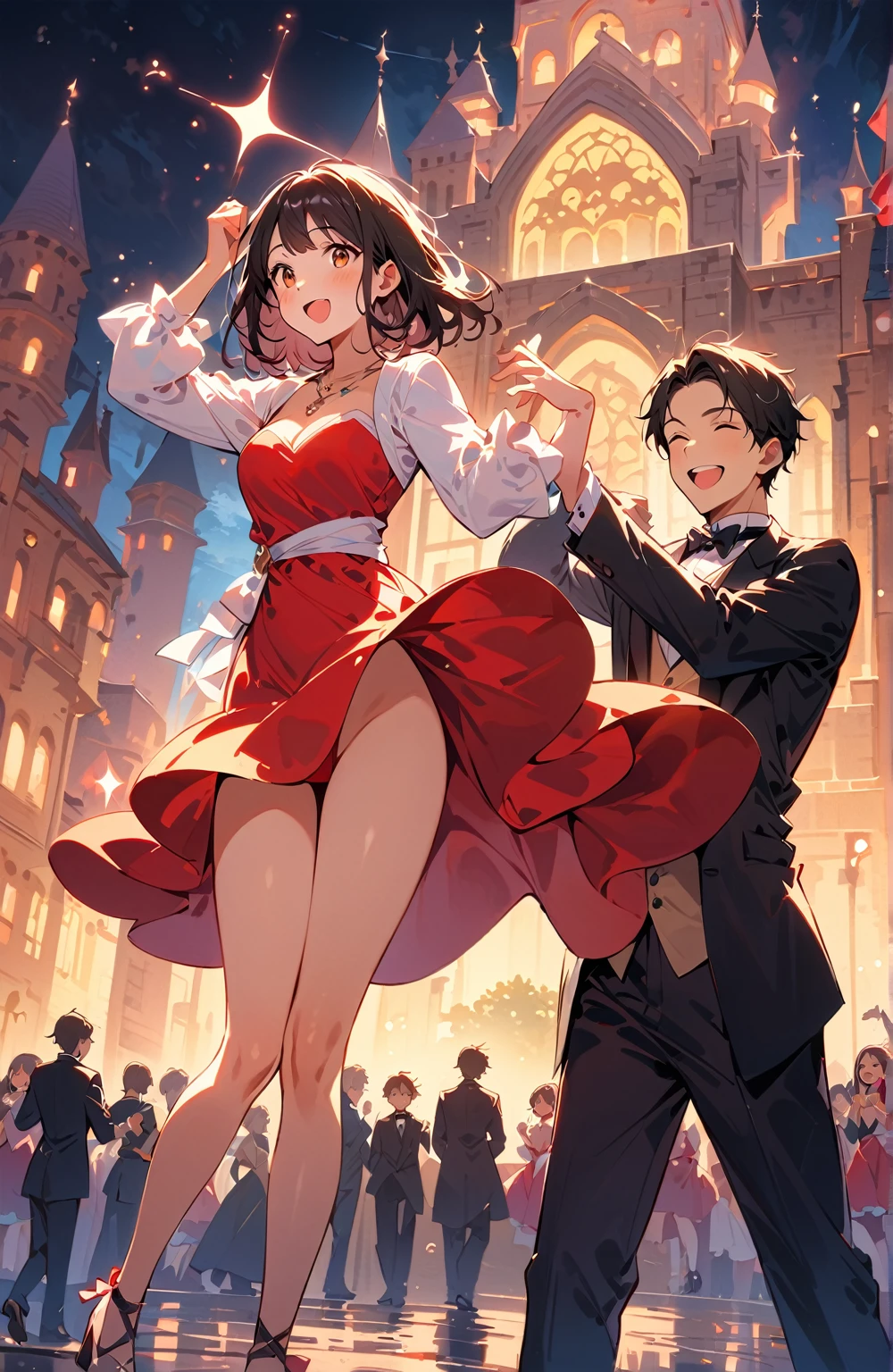 ((masterpiece, 最high quality)), (One Girl), (One boy), (2 peopleで), 2 peopleで,Are standing_Split, (((Medium Shot))), Couple, (men and women), 2 people, Outside the castle, Street Musical Festival, Musical dance, Musical dancer, Playful, Playful, sweet, Happy, smile, Flared dress, Tuxedo Style, dance, Happy, Cute eyes, Playful, Pause, Surrealism, throw, Romanticism, Cinema Lighting, 8k, 超High resolution, masterpiece, Accurate, Anatomically correct, Textured skin, Attention to detail, high quality, High resolution, Awards, 最high quality, 16K, Because it's good, Good move., Good legs.