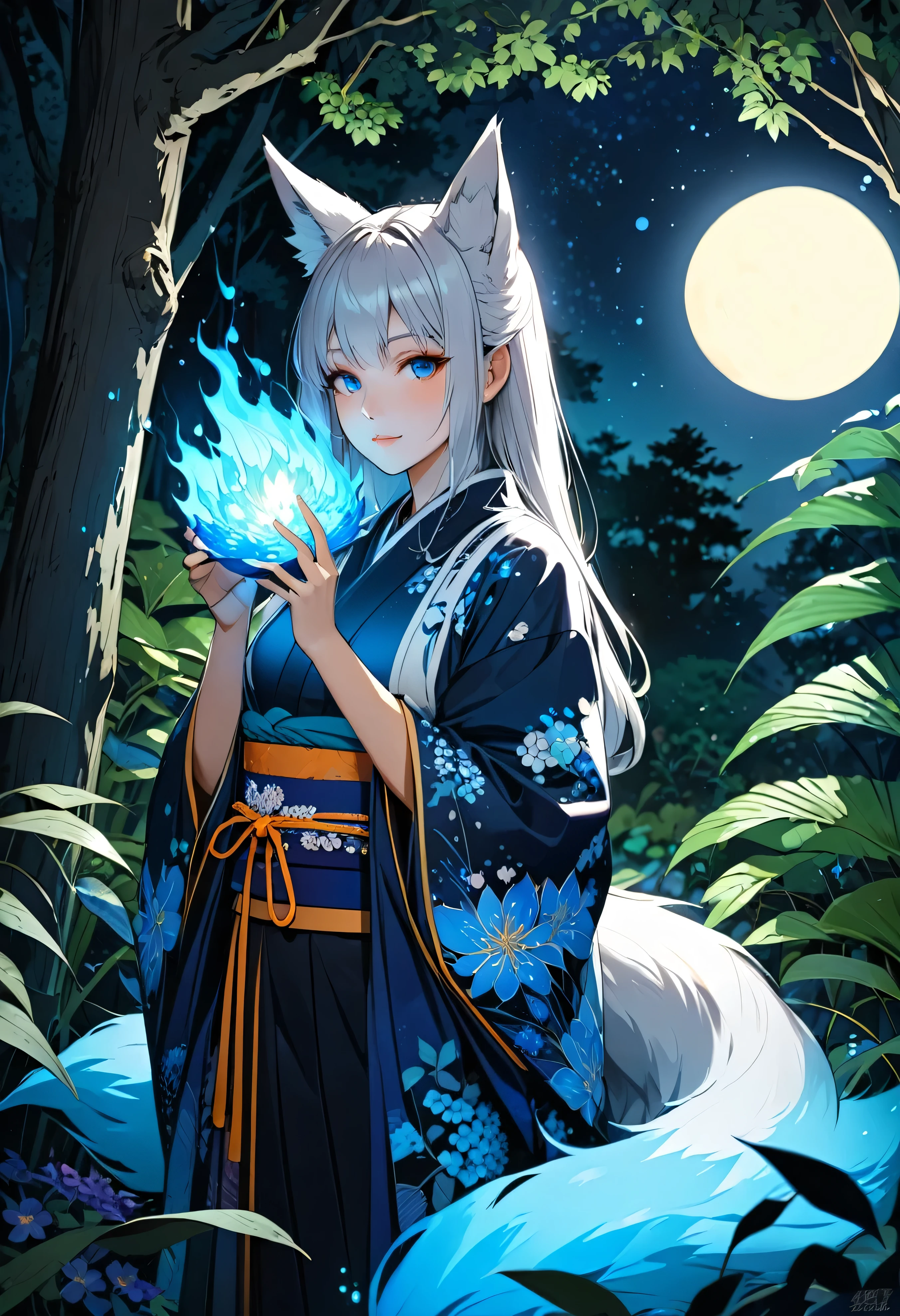 Masterpiece, Extremely detailed, beautiful, perfect face e, close distance shot, (A beautiful kitsune woman peering through the leaves in a dense forest) , {she is surrounded by motes of blue fire}, facing viewer, (dynamic pose) , fox ears, nine fox tails, traditional Japanese clothing. Japanese sandels, ((vegetation in the forground, dew, subject partially obscured by vegetation)) , ((moonlit night)) 