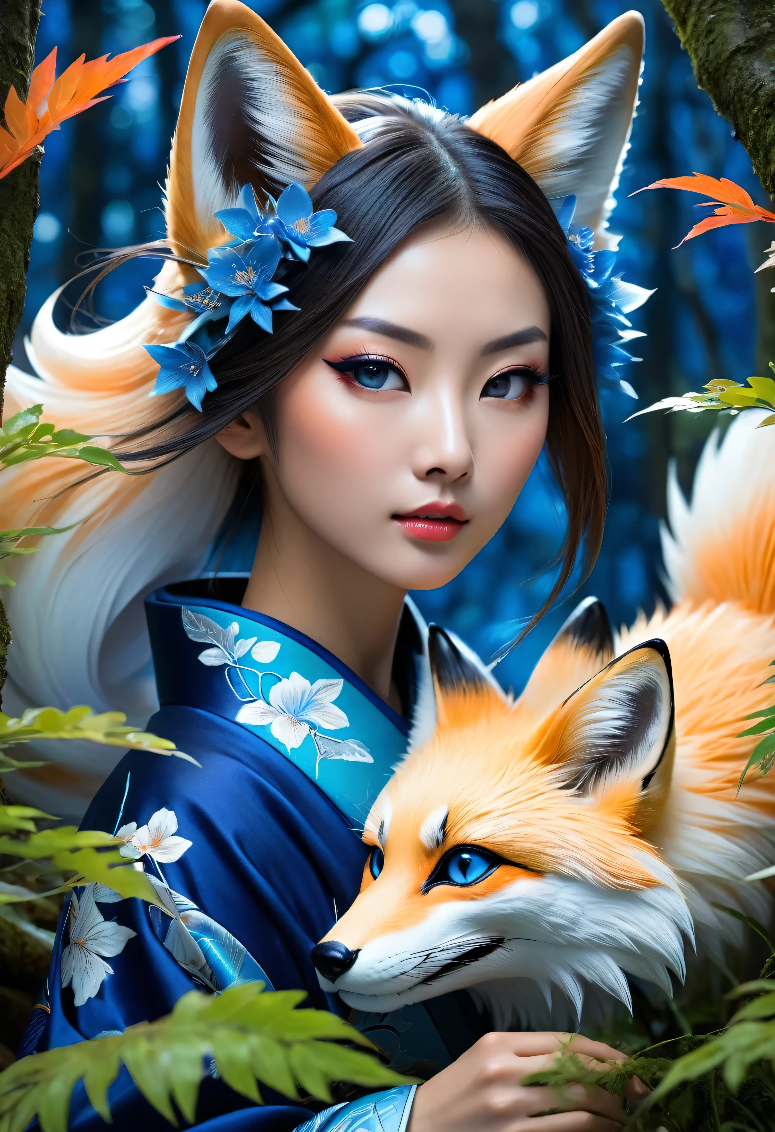 Masterpiece, Extremely detailed, beautiful, perfect face e, close distance shot, (A beautiful kitsune woman peering through the leaves in a dense forest) , {she is surrounded by motes of blue fire}, facing viewer, (dynamic pose) , fox ears, nine fox tails, traditional Japanese clothing. Japanese sandels, ((vegetation in the forground, dew, subject partially obscured by vegetation)) , ((moonlit night)) 