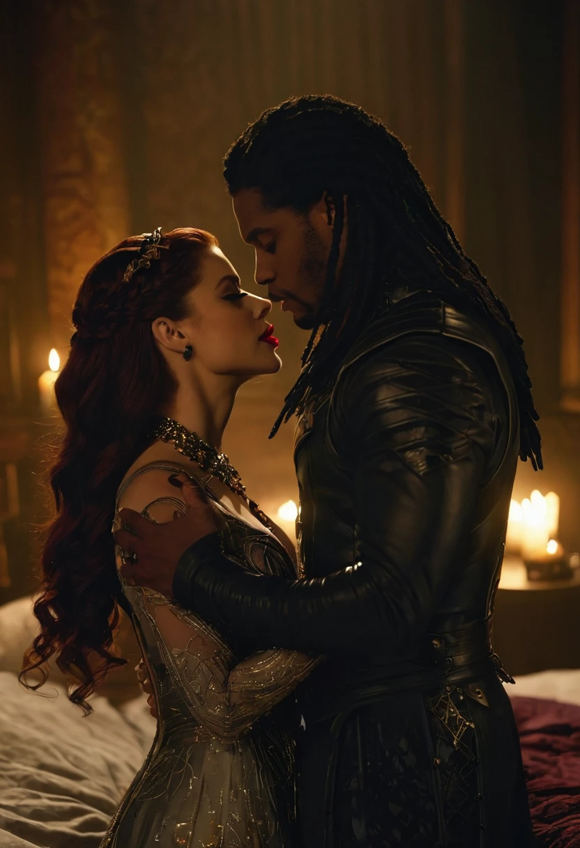 Daveed Diggs as Marvel Comics' Jericho Drumm AKA Doctor Voodoo and Anna Hopkins as Lilith from Freeform's "Shadowhunters" share a steamy kiss inside a bedroom lit only by candlelight. Anna has lovely makeup on her face. Anna wears dark-red lipstick. Nighttime. Romantic ambiance. Symmetrical eyes. Symmetrical faces. Lovely details. Photorealistic. Full-colored photo. Professional photo. Highly detailed 8K.