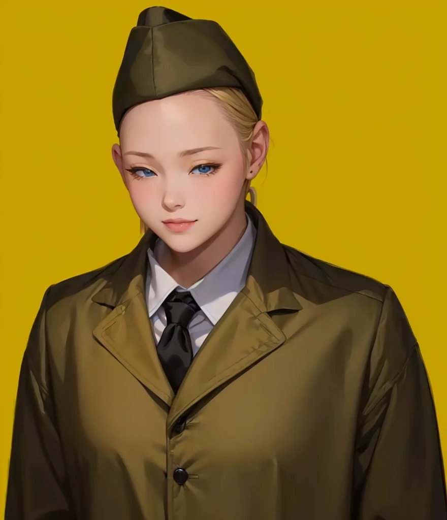 Female, (girls:1.5), (exceptional, best aesthetic, new, newest, best quality, anime, waifu:1.2), best quality, ultra detailed, absurdres, highres, colored, good anatomy, normal eyes, centered eyes, no cockeyed, no cross-eyes black hair, pretty smiling kind face, blonde hair, blue eyes, olive color soft hat, olive color coat, inside white shirt, black tie,