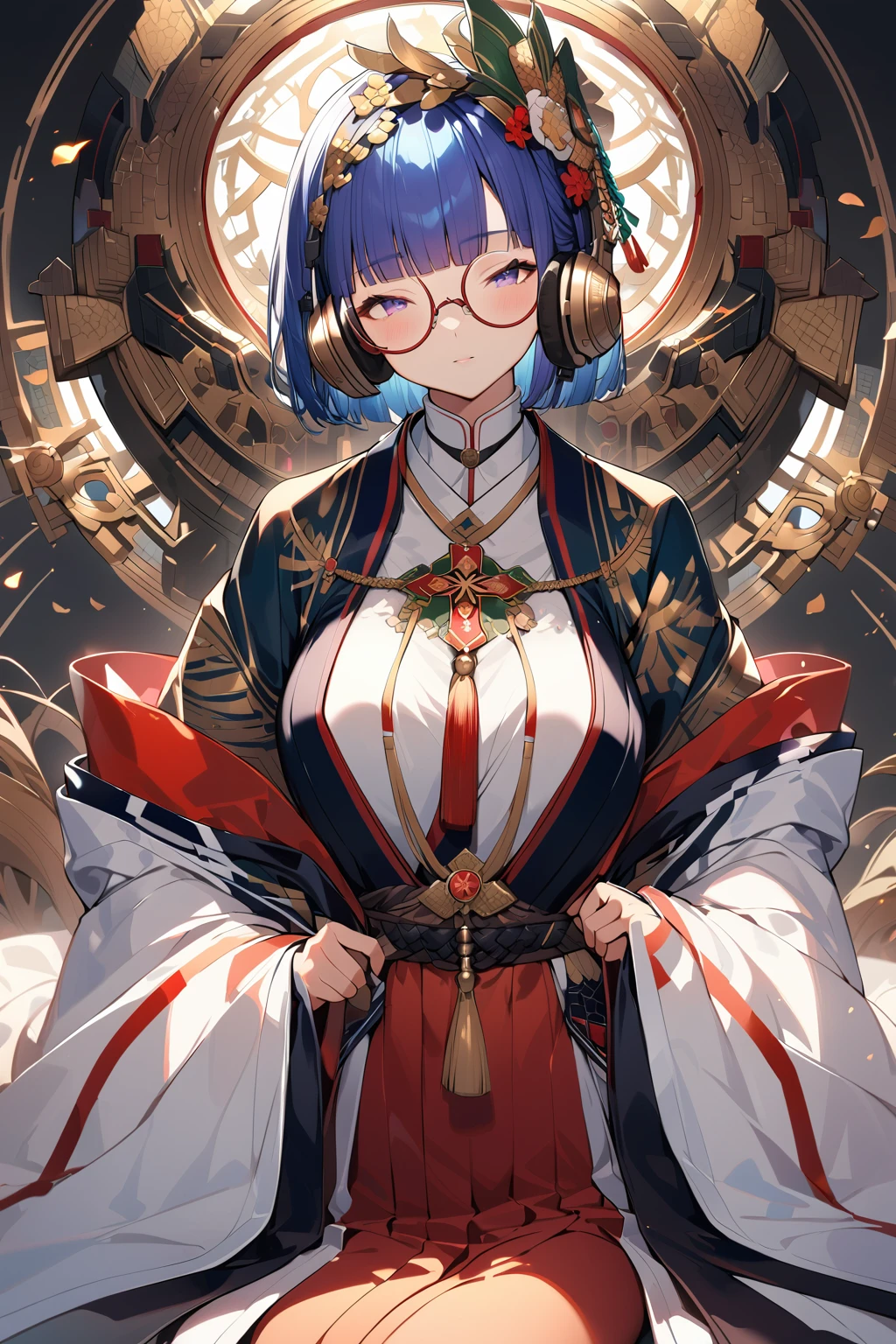 (extremely detailed fine touch:1.3), (((semi-rimless round eyewear:1.3))), (headphone:1.2), short hair, blunt bangs, 1girl, extremely detailed ceremonial kimono