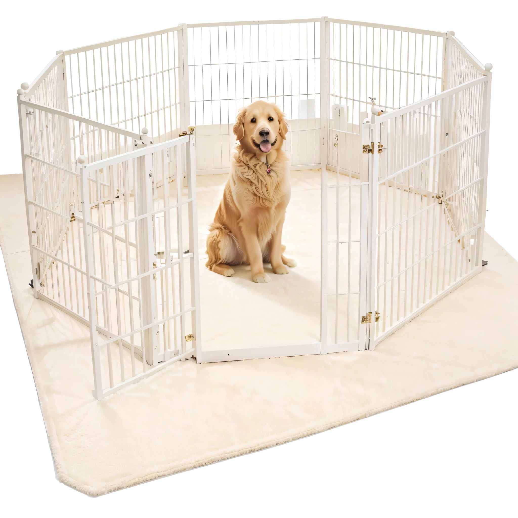 Golden retriever sitting in pet fence，Beige rug on the floor, Full length view. white fence, Pet room layout, Full Height View, High Profile, High Profile, White background上, concept, White background, White background, On 7 6 8, Modular, Very energetic, 