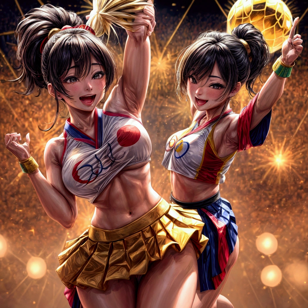NSFW, sexy, erotic, a cheerful cheerleader standing on one leg, energetically cheering for the Japanese team during the opening ceremony of the Olympic Games. She holds two large golden spheres in her hands, and her outfit features extensive gold accents to symbolize aiming for the gold medal. The cheerleader's outfit includes a pleated skirt and a top with vibrant colors, adorned with a Japanese flag emblem on her chest. Her hair is styled in a playful ponytail. She strikes a lively pose with one leg lifted high, exuding joy and enthusiasm. The background shows a grand stadium filled with an audience, festive lights, and the celebratory atmosphere of the Olympic opening ceremony. The image is highly detailed and realistic with a vibrant anime touch, emphasizing the character's spirited and jubilant expression. The resolution and quality are maximized, with rich, delicate detailing. --sharp focus, --dramatic lighting, --realistic anatomy, --high_quality, --ultra_detail, --intricate_design, --extremely_detailed, -- hyper_realistic, --realistic, --sexy, --erotic --Olympic, --japan