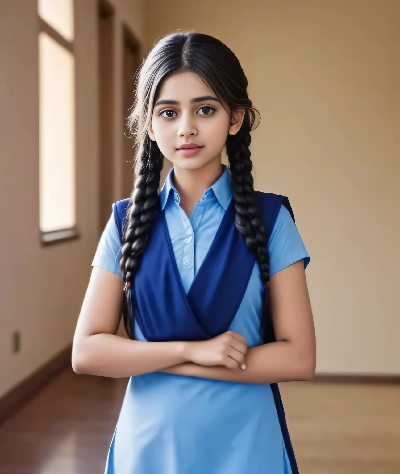 Raw photo , 1 girl ,Wearing salwar kameez uniform, school girl in the classroom , with plait , professional photographer, (hdr:1.4), masterpiece, ultra-realistic 8k, perfect artwork, intricate details, cute face, award winning photograph, (Best quality, 8k, 32k, Masterpiece, UHD:1.3)