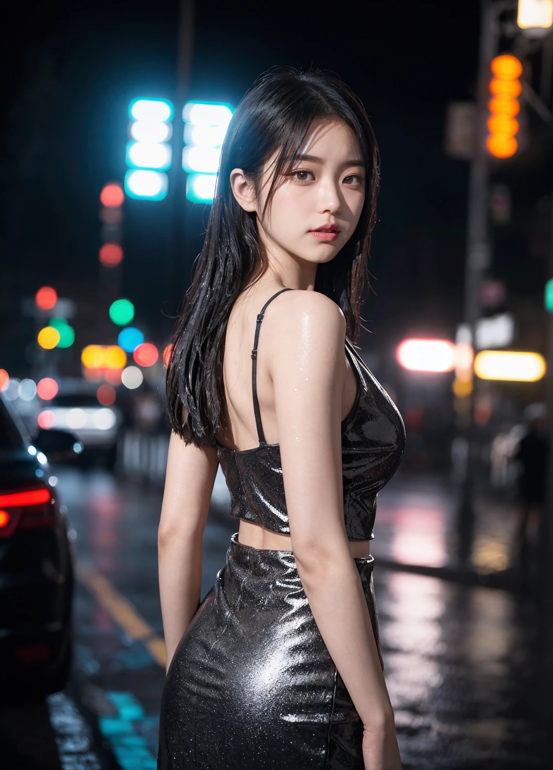 1人of女of子,alone,Long Hair,Rough skin,From the back,Face Focus,(View your viewers:1.2),Wet Hair,dark,Polaroid,(depth_of_Field:1.5),雨of日,Outdoor,street,目of間of毛,Moody lighting,Tyndall effect,Cinema Lighting,night,lamp post,Lens flare,Available Light,Rim Light,Shining neon lights,Curvy,赤いシルクofドレス,韓国of女of子,