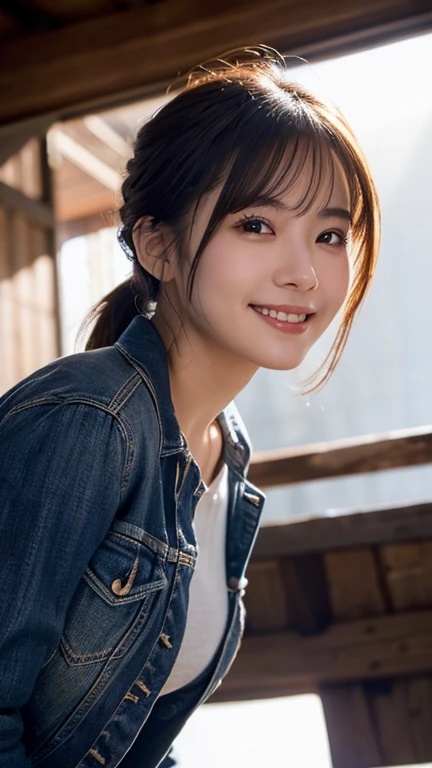 (Highest quality,masterpiece:1.3,Ultra-high resolution),(Very detailed,Caustics,8k),(Realistic:1.4,RAW shooting),1 girl,(Smiling and facing the camera),(Front shot:1.1),(Look forward),18-year-old,cute,Japanese,Black short ponytail,,glamorous,(Big Breasts),( close),(breast focus),street,sunlight,Natural light,(Lens flare),Professional Writing,(Cowboy Shot),(Low position:1.3),(Low Angle:1.3)