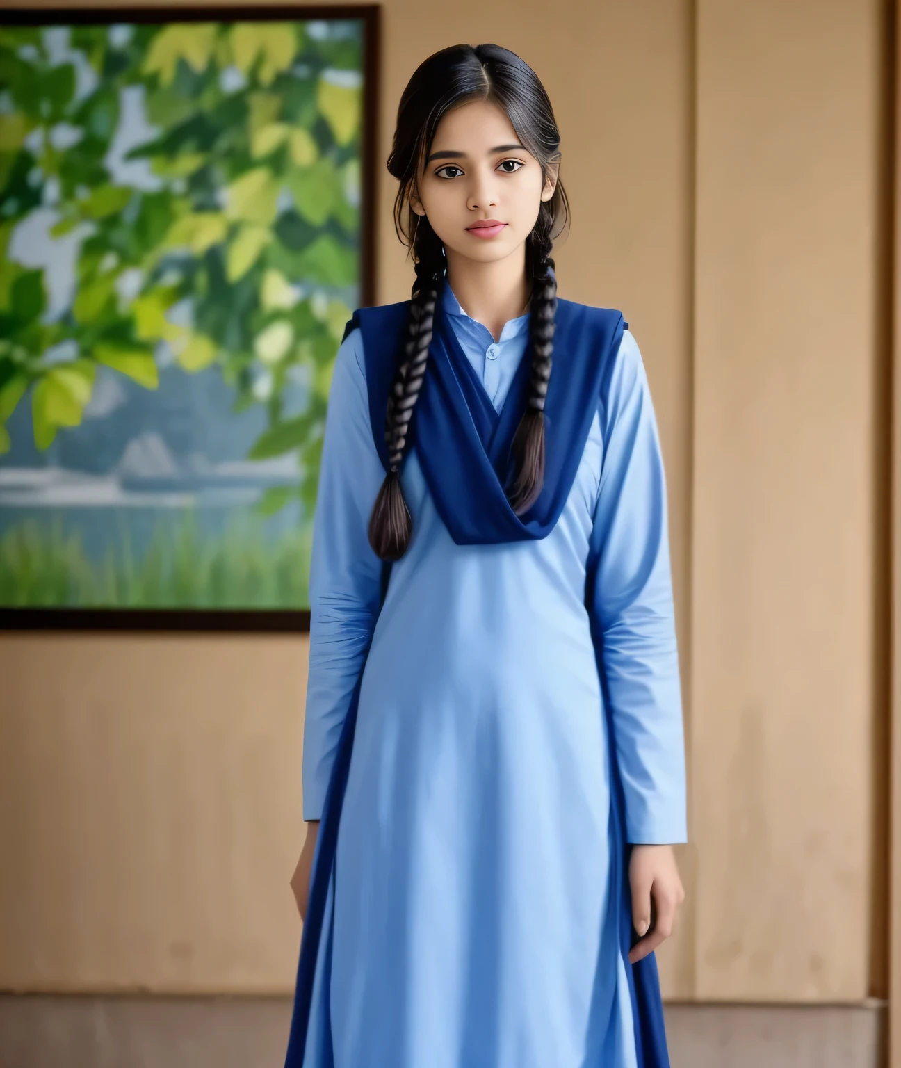 Raw photo , 1 girl  ,Wearing  salwar kameez uniform, teen school girl, with plait , professional photographer, (hdr:1.4), masterpiece, ultra-realistic 8k, perfect artwork, intrincate details, cute face, award winning photograph, (Best quality, 8k, 32k, Masterpiece, UHD:1.3) 